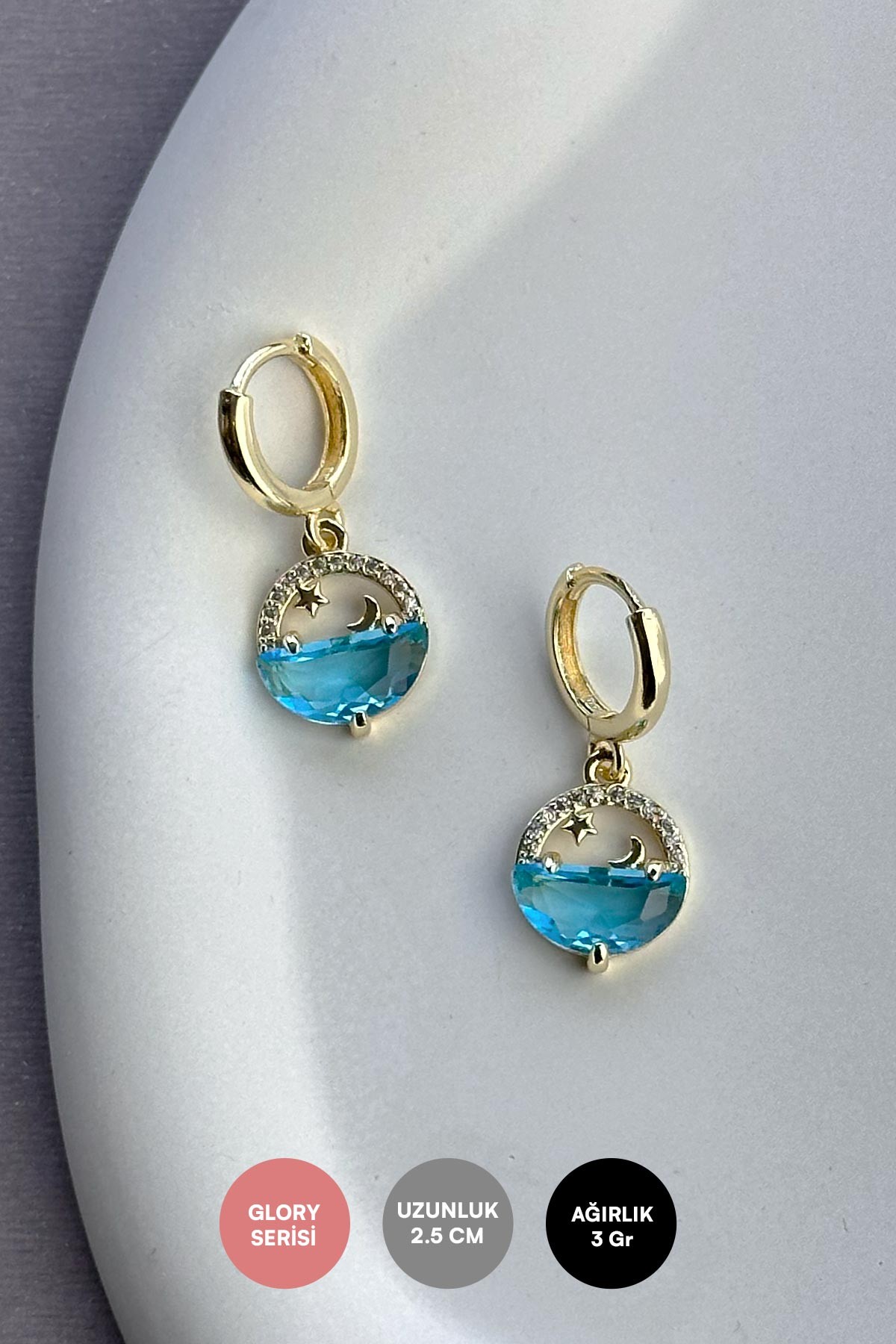 Gold Zirkon Çember Deniz Ay Ve Yıldız Detay Sallantılı Glory Küpe AKE9154