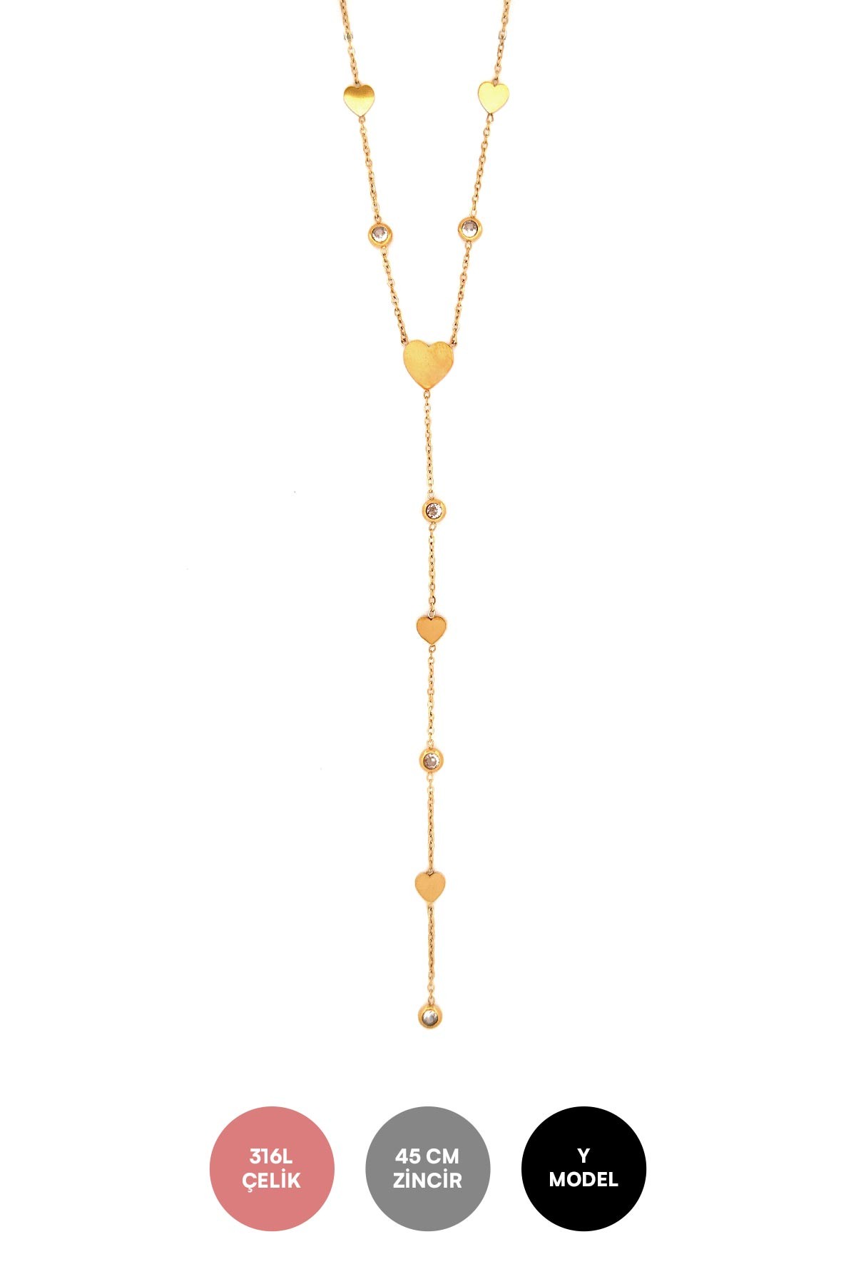 Gold Y Tasarım Minimal Tektaş ve Kalp Detay Çelik Kolye 45 cm AKL3753