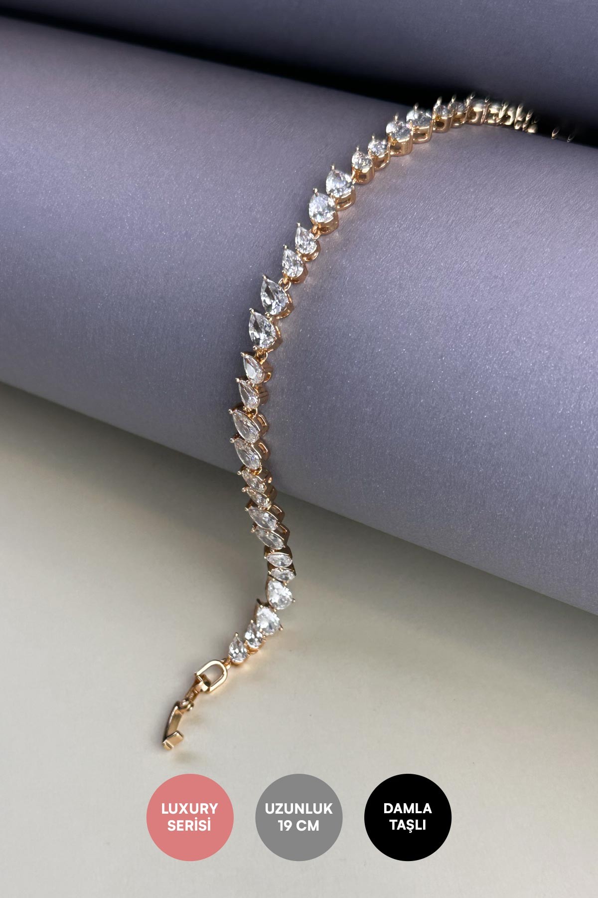 Gold Minimal Çapraz Sıra Damla Taşlar Luxury Bileklik ABL7196