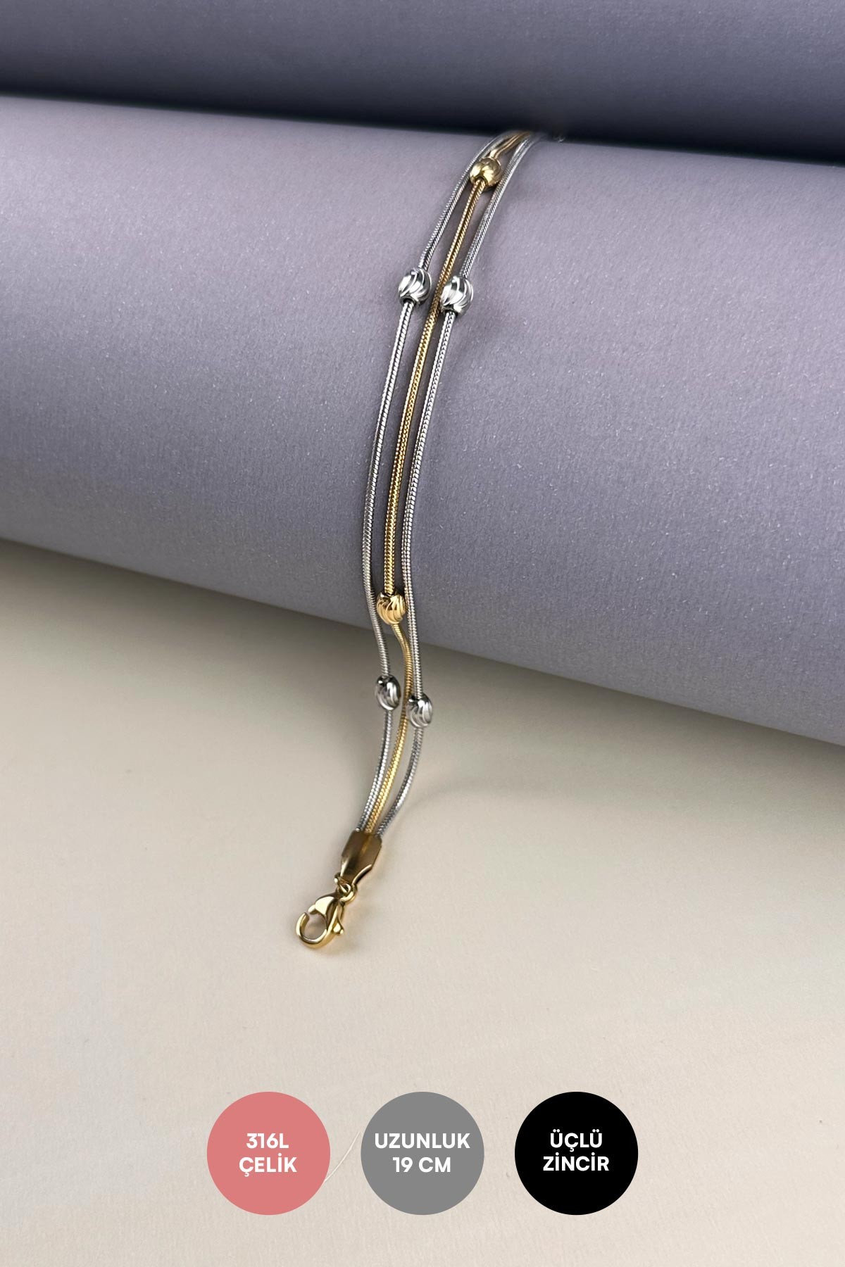 Gold Silver Tasarım Lazer Kesim Oval Topçuklu Çoklu Boru Zincir Çelik Bileklik ABL7208