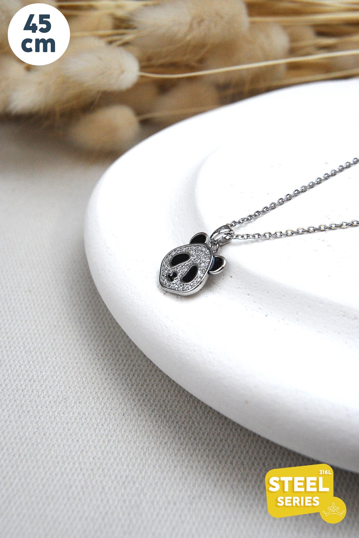 Silver Zirkon Taş Detay Panda Çelik Kolye AKL2494