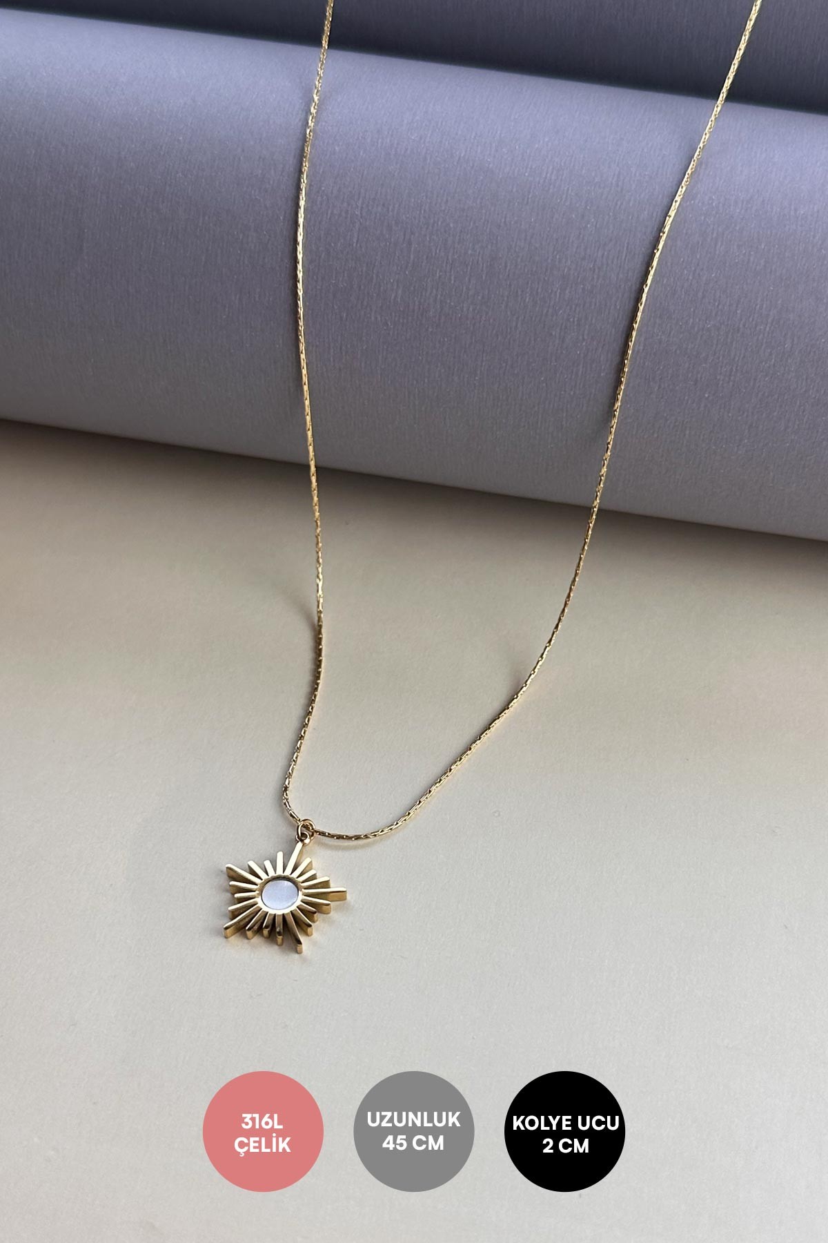 Gold Güneş Işıltısı Sallantılı 45cm Çelik Kolye AKL4014