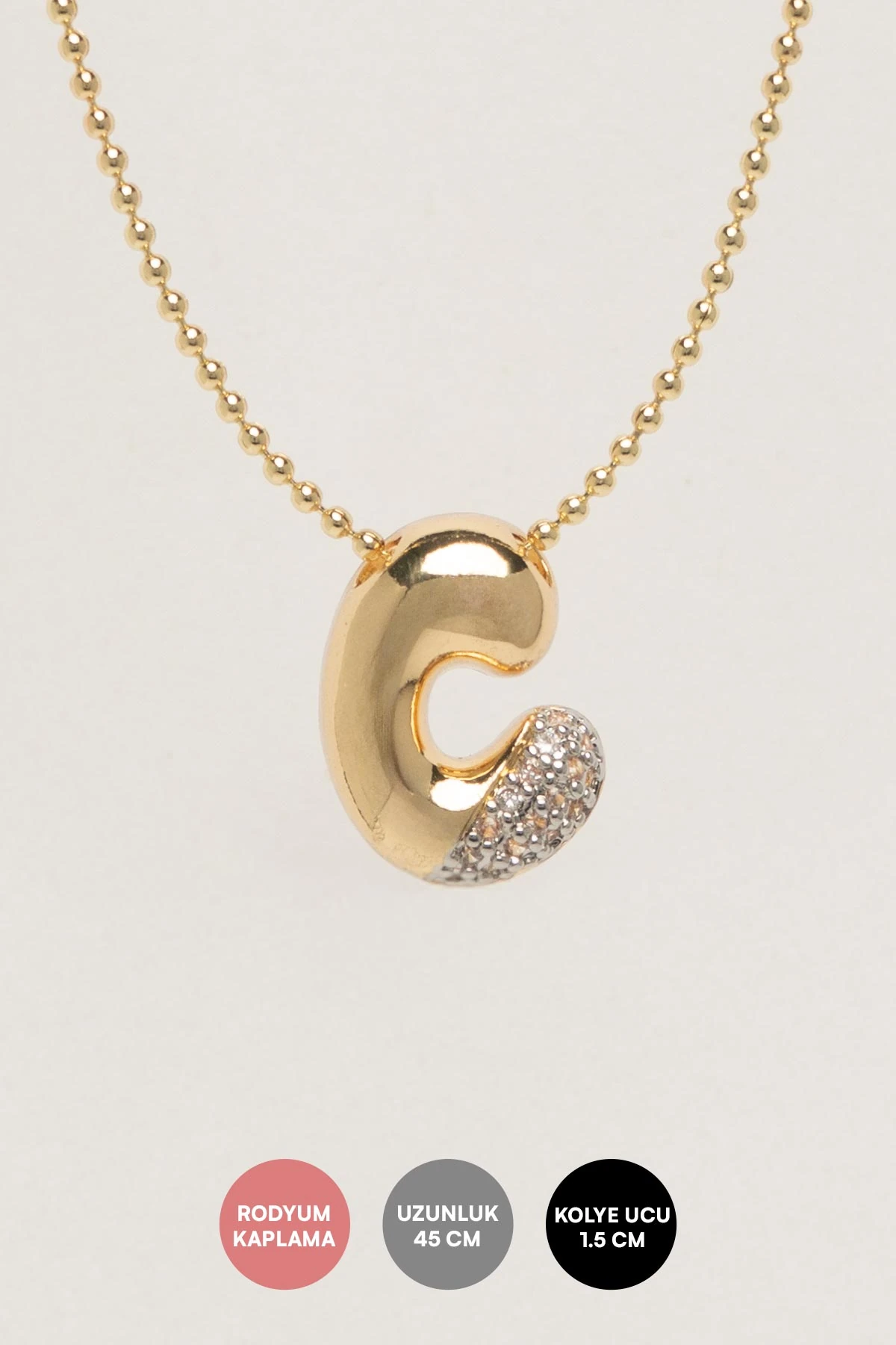 Gold Minimal Topçuk Zincir Zirkon Detay C Harf 45cm Luxury Kolye AKL4434