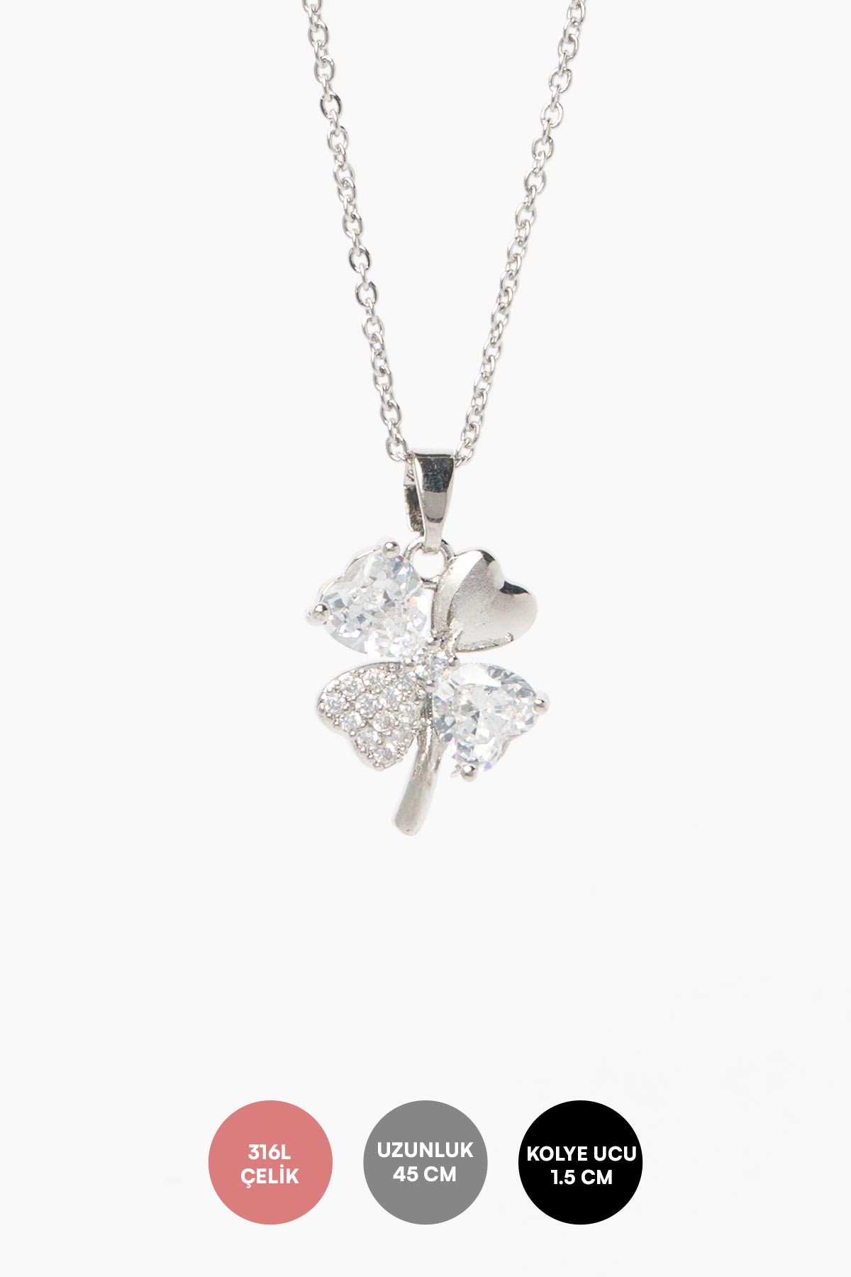 Silver Minimal Zincir Zirkon Ve Kalp Tektaş Tasarım Yonca Çelik Kolye 45 cm AKL4067