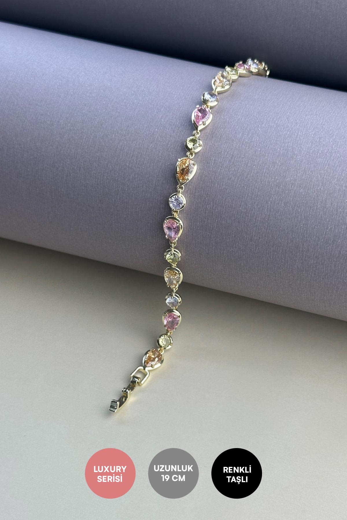 Gold Pastel Renkli Damla Tasarım Taşlar Sıralı Bileklik ABL7307