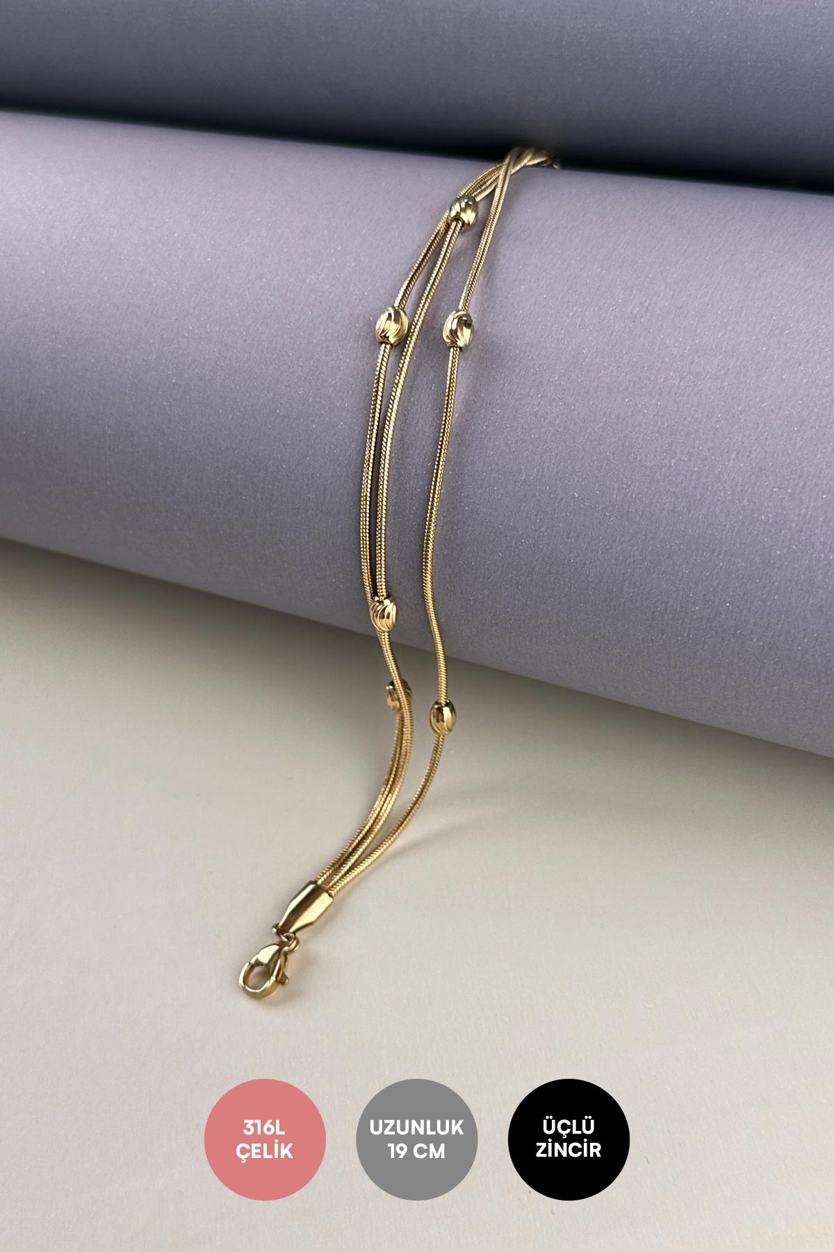 Gold Lazer Kesim Oval Topçuklu Çoklu Boru Zincir Çelik Bileklik ABL7206