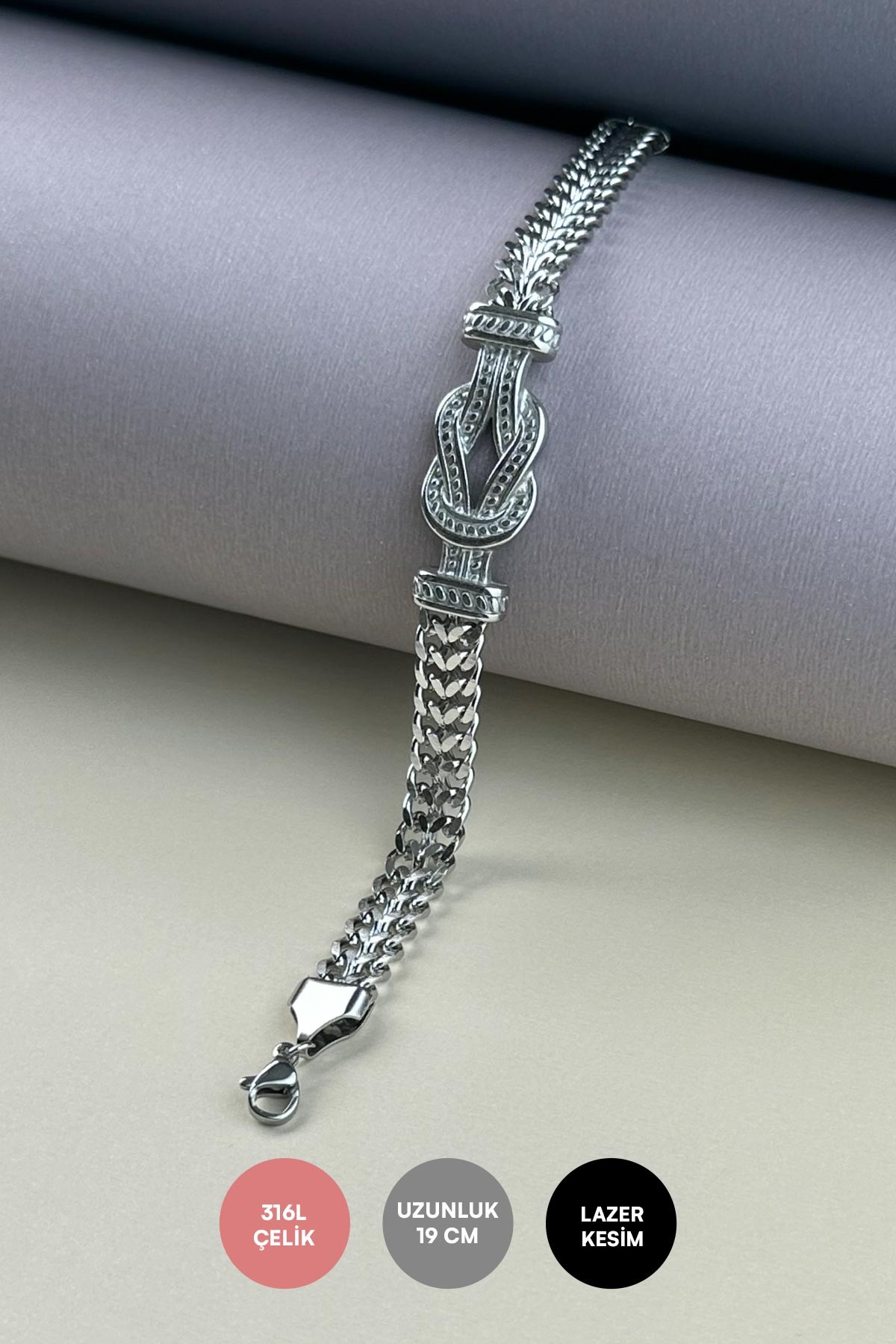 Silver İç İçe Geçmiş Halat Figürlü Geniş Zincir Çelik Bileklik ABL7328