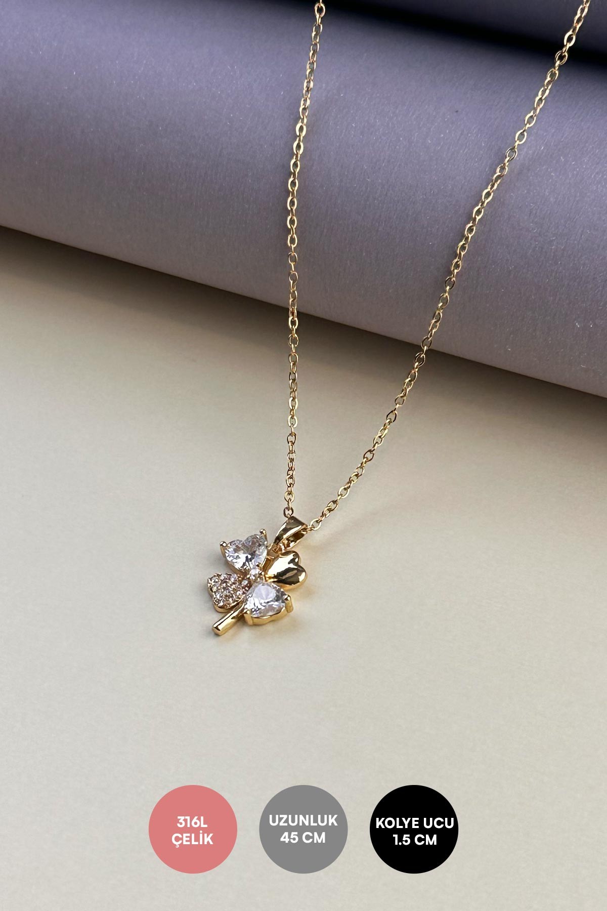 Gold Minimal Zincir Zirkon Ve Kalp Tektaş Tasarım Yonca Çelik Kolye 45 cm AKL4066