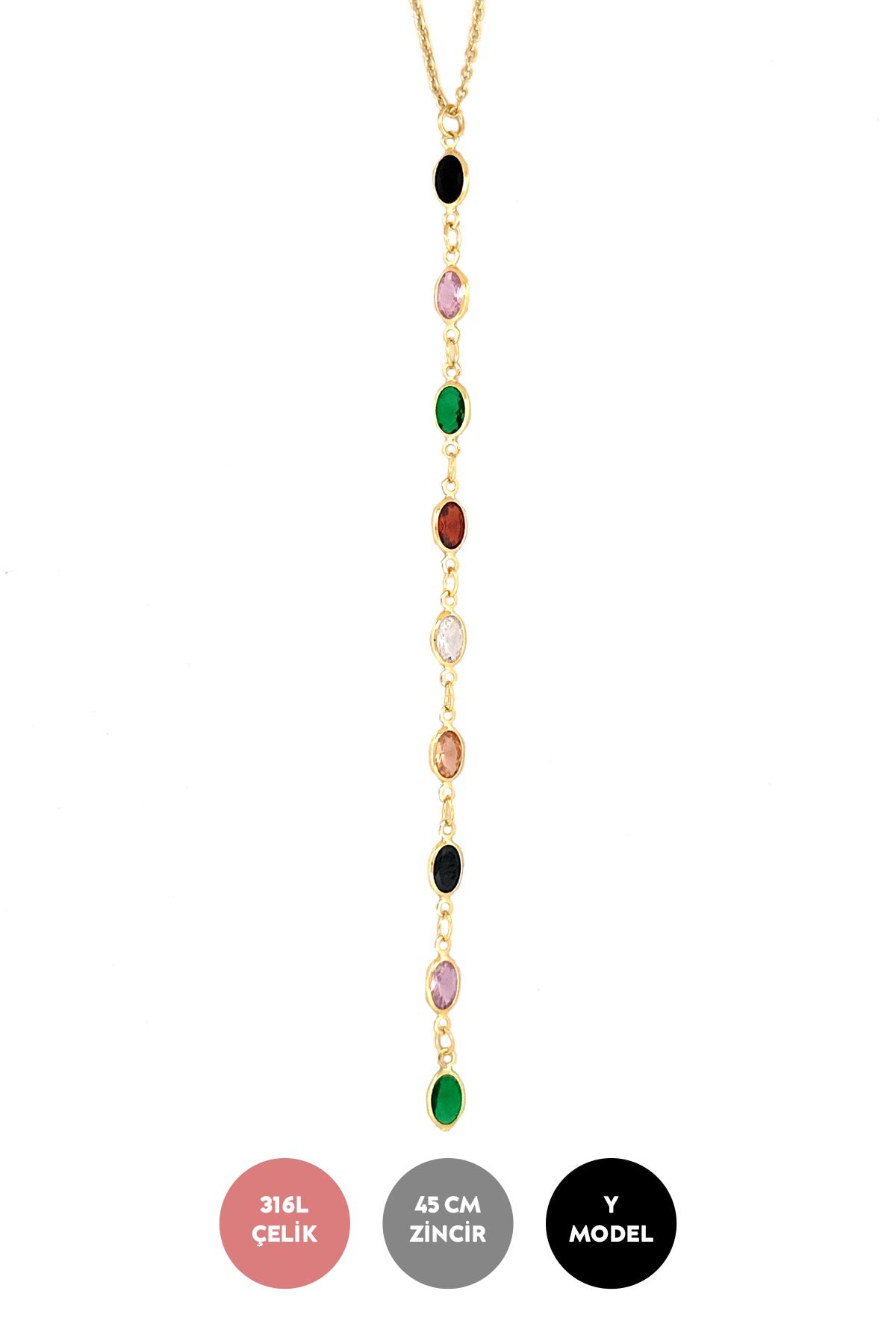 Gold Y Tasarım Minimal Oval Tektaş ve Pul Detay Çelik Kolye 45 cm AKL3756