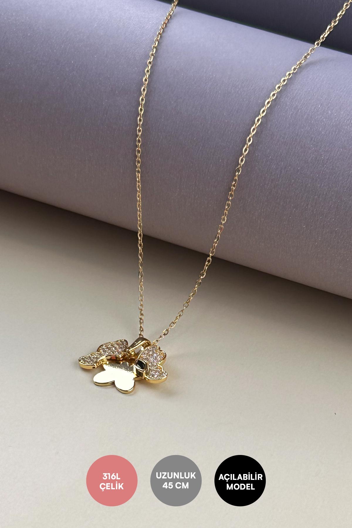 Gold Minimal Zincir Zirkon Detay Açılır Kanatlı Kelebek Sallantılı 45cm Çelik Kolye AKL4019