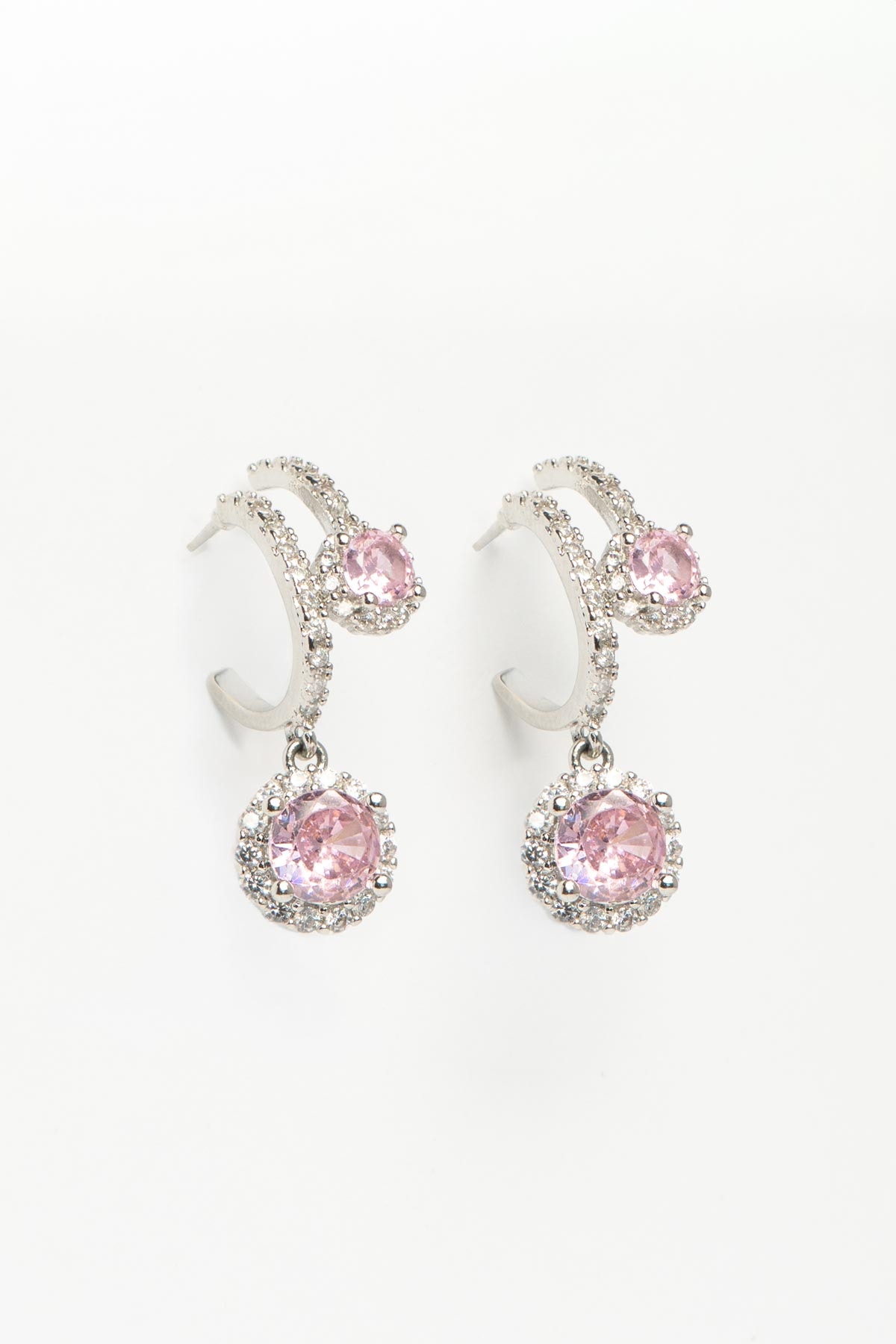 Silver Zirkon Taş Sıralı Yarım Halka Tasarım Pembe Kristal Taş Sallantılı Glory Küpe AKE9286