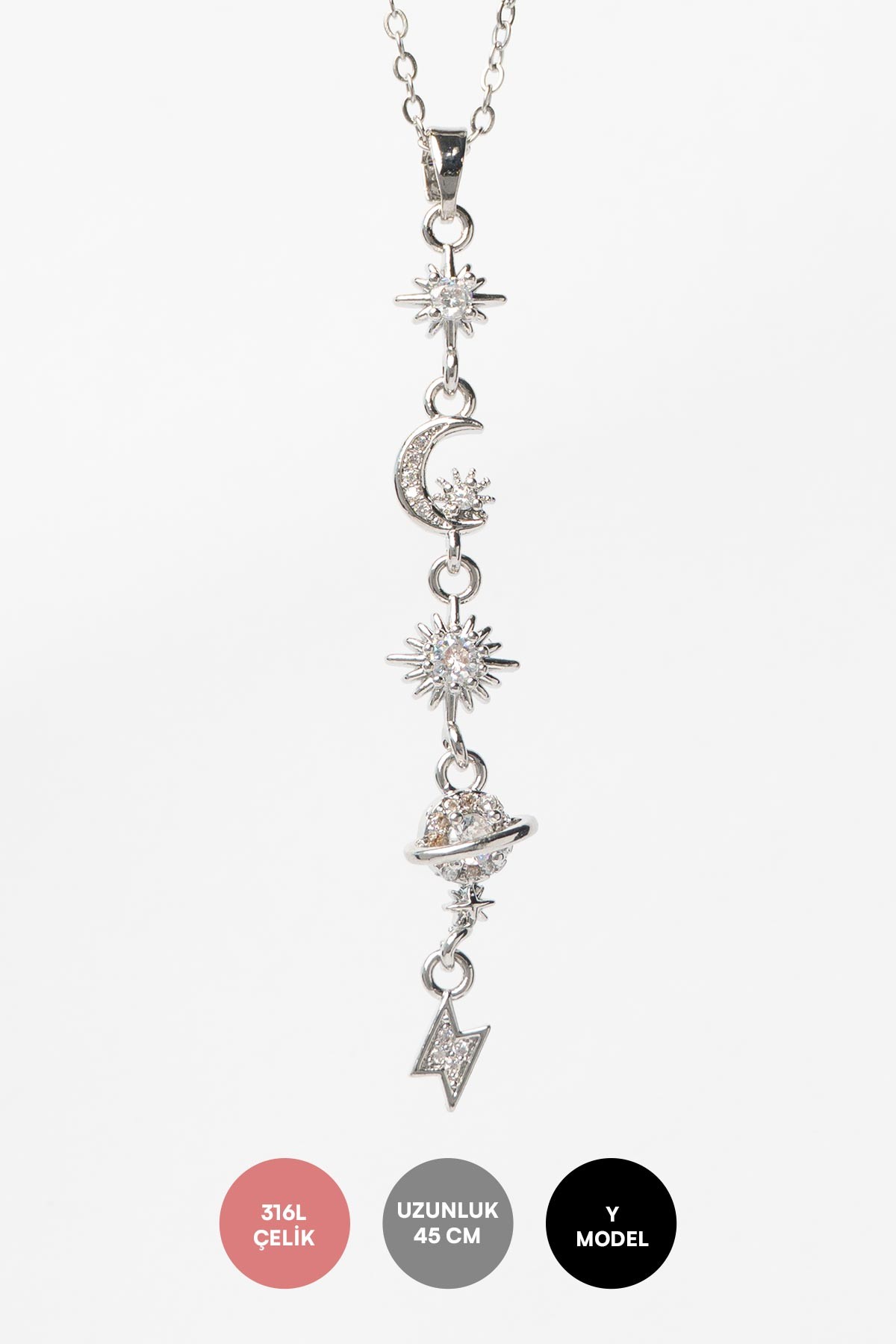 Silver Minimal Zincir Zirkon Detaylı Ay Kuzey Yıldızı Ve Gezegen Sallantılı 45cm Çelik Kolye AKL4146