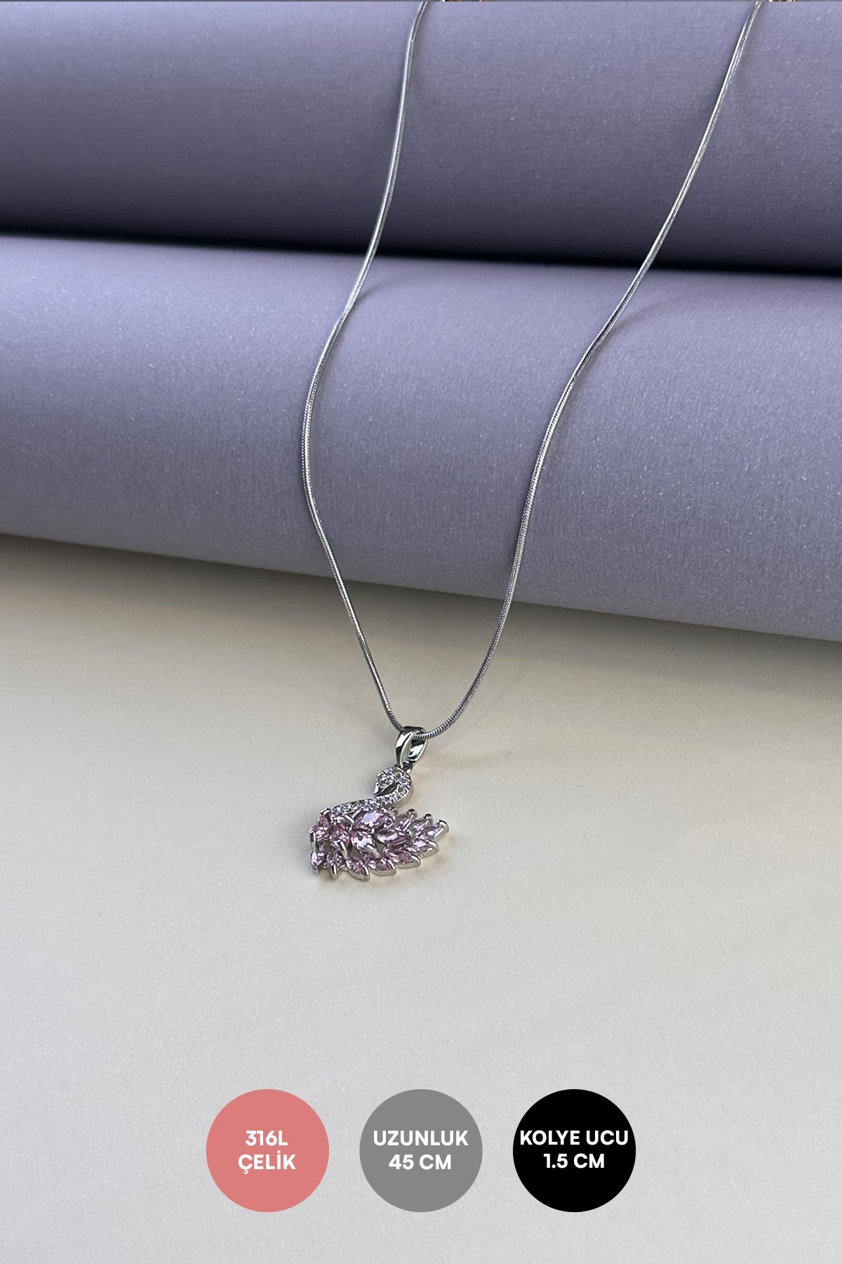 Silver Boru Zincir Pembe Baget Taşlı Kuğu Çelik Kolye 45 cm AKL3917
