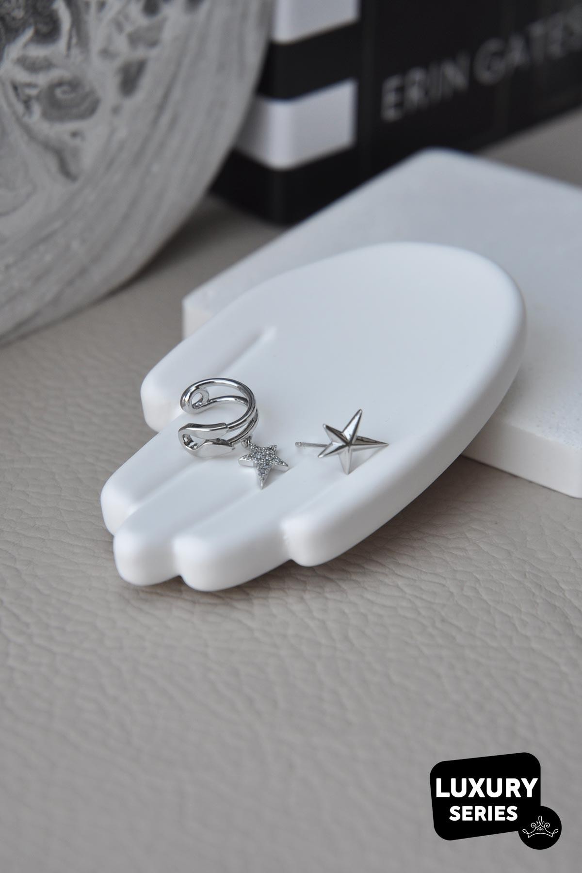 Silver Çengelli İğne Tasarım Asimetrik Zirkon Yıldız Luxury Kıkırdak Küpe AKE6511