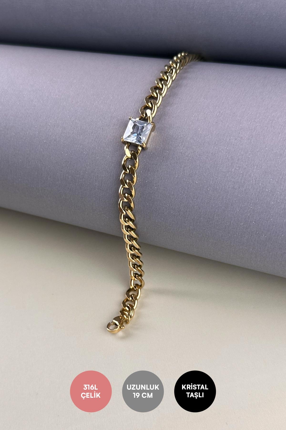Büyük Baget Taş Detay Gold Curb Zincir Çelik Bileklik ABL7211