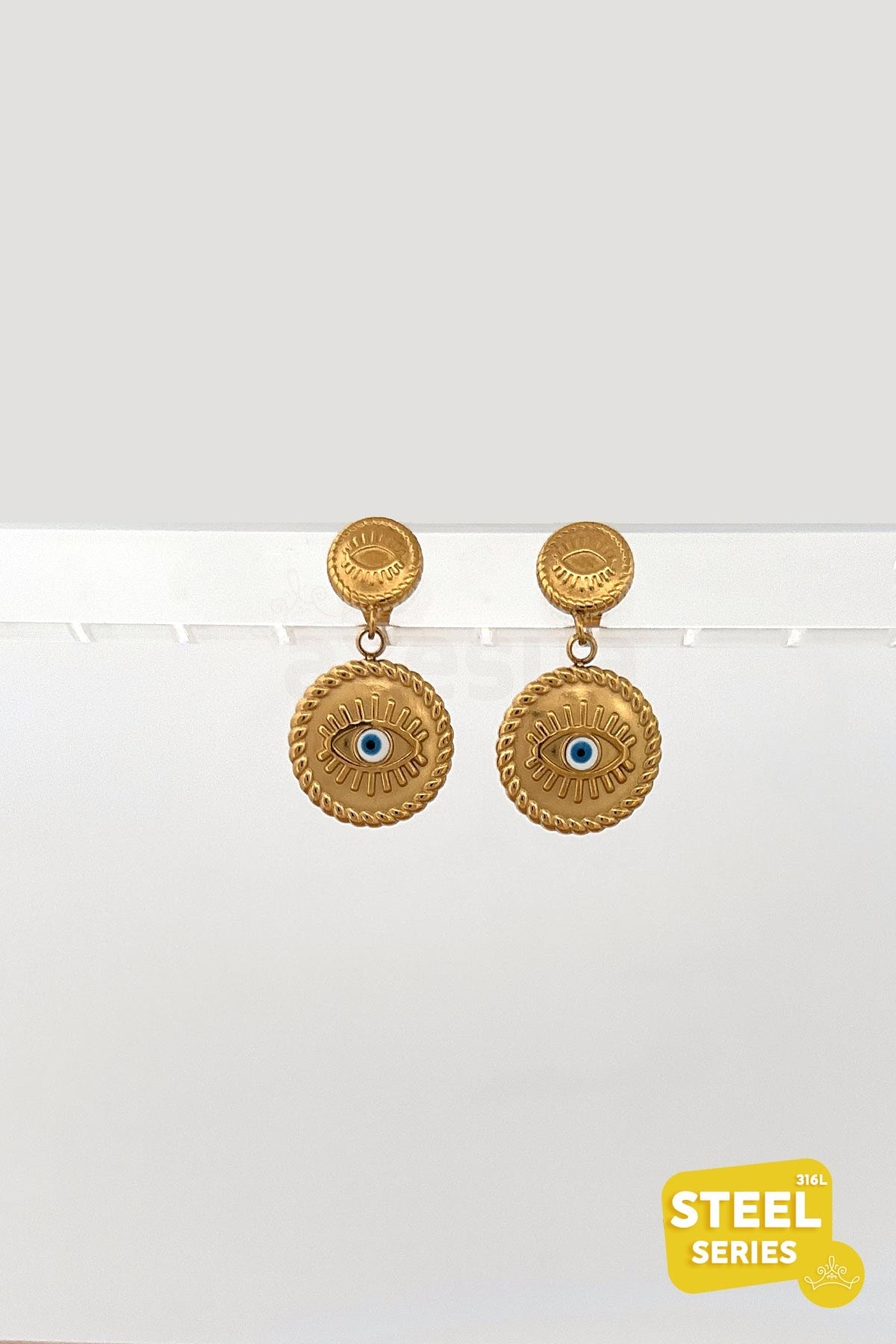 Göz Detay Vintage Gold Madalyon Çelik Küpe AKE5486