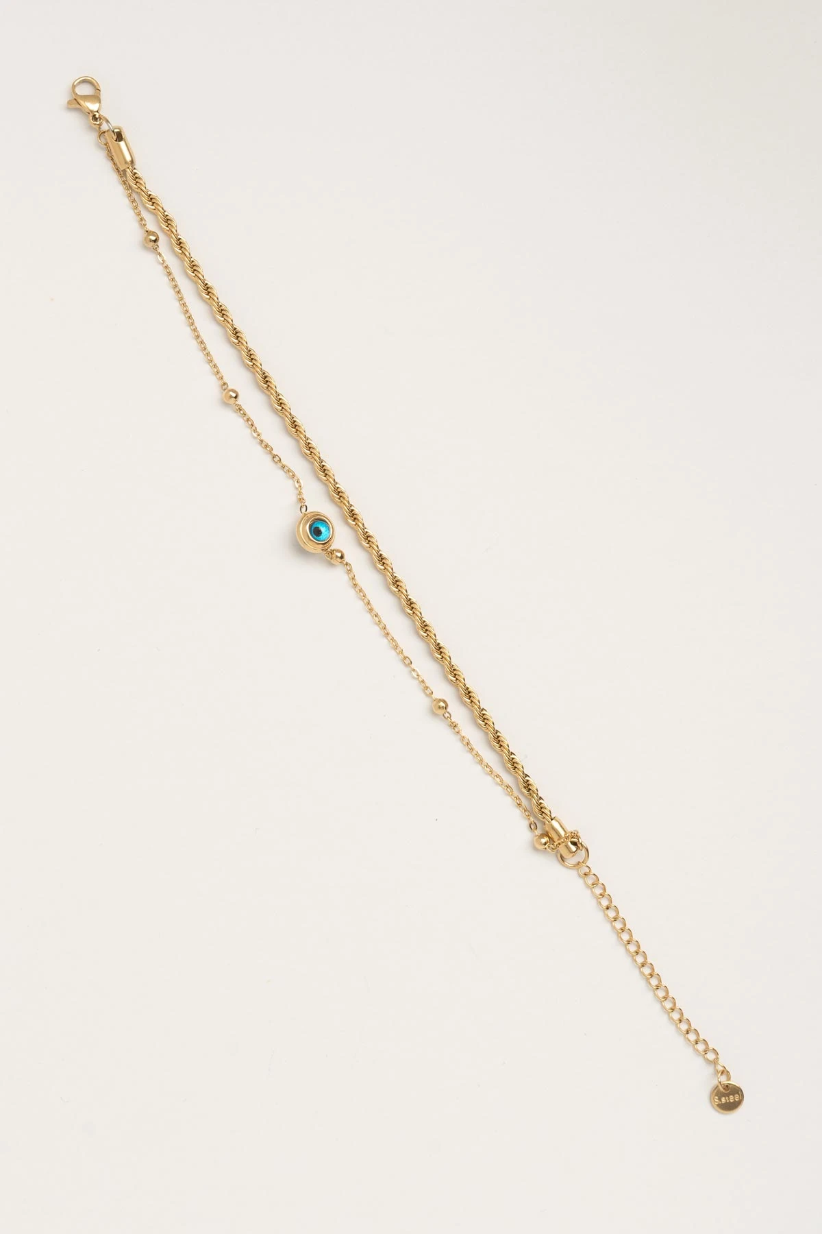 Gold Burgu Tasarım Ve Minimal Topçuk Sıralı Çift Zincir Nazarlık Sallantılı Çelik Bileklik ABL7543