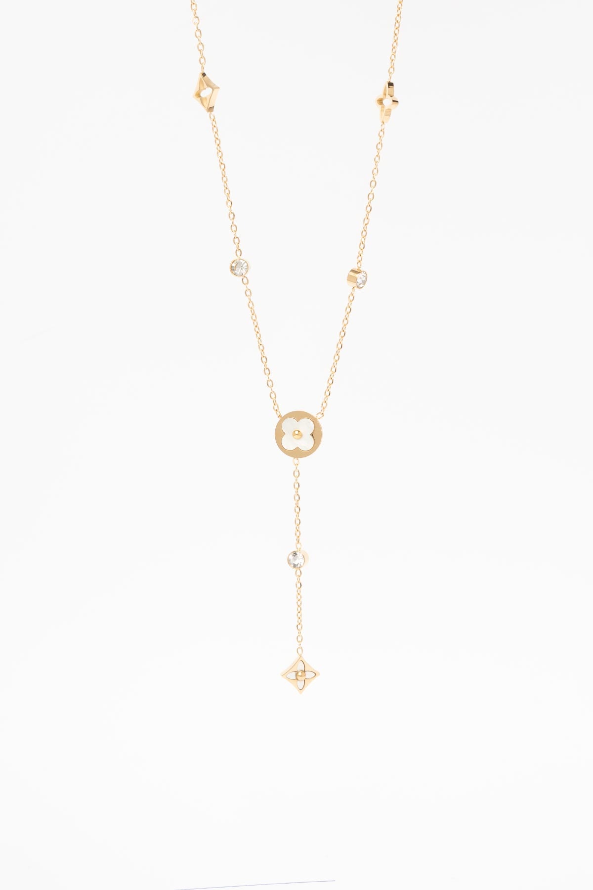 Gold Minimal Zincir Tektaş Ve Karo Yonca Sallantılı 45cm Çelik Kolye AKL4373