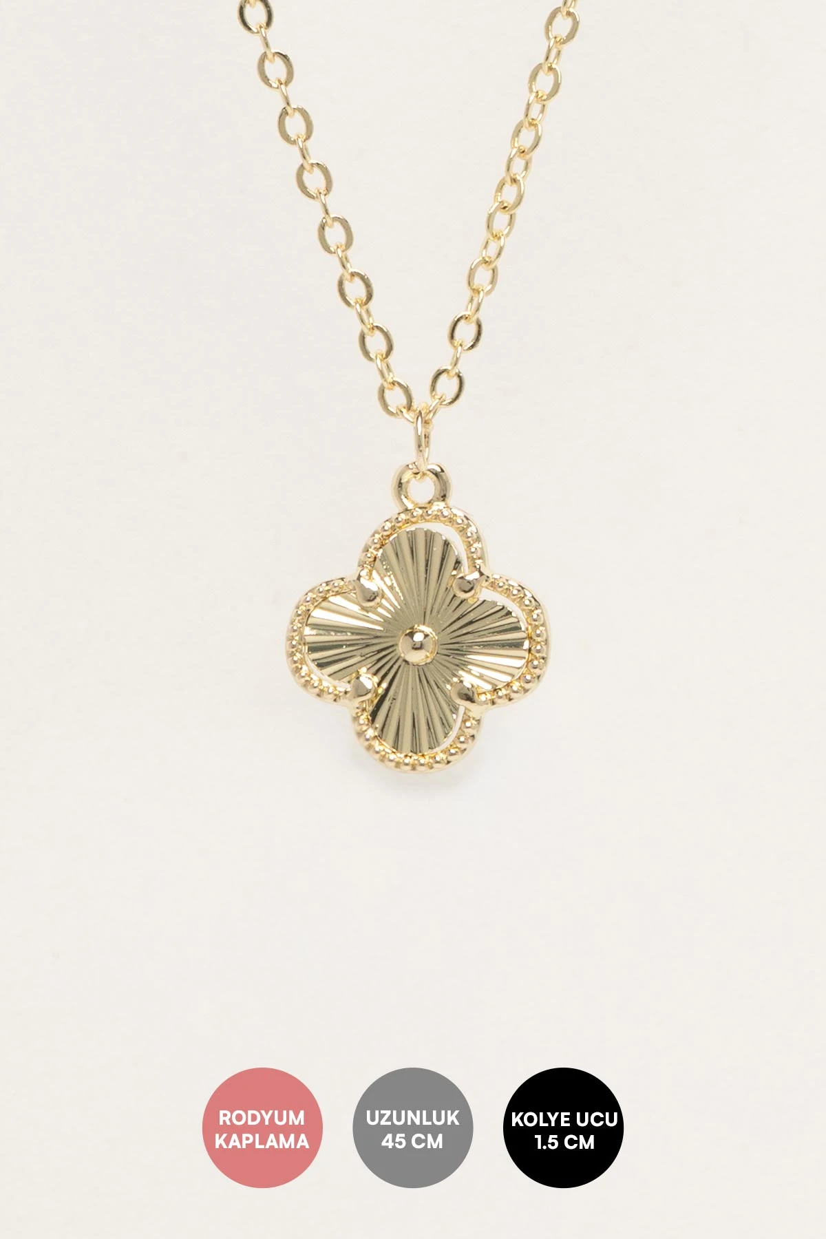 Gold 14K Lazer Kesim Minimal Dört Yaprak Yonca Sallantılı Luxury Kolye AKL4389