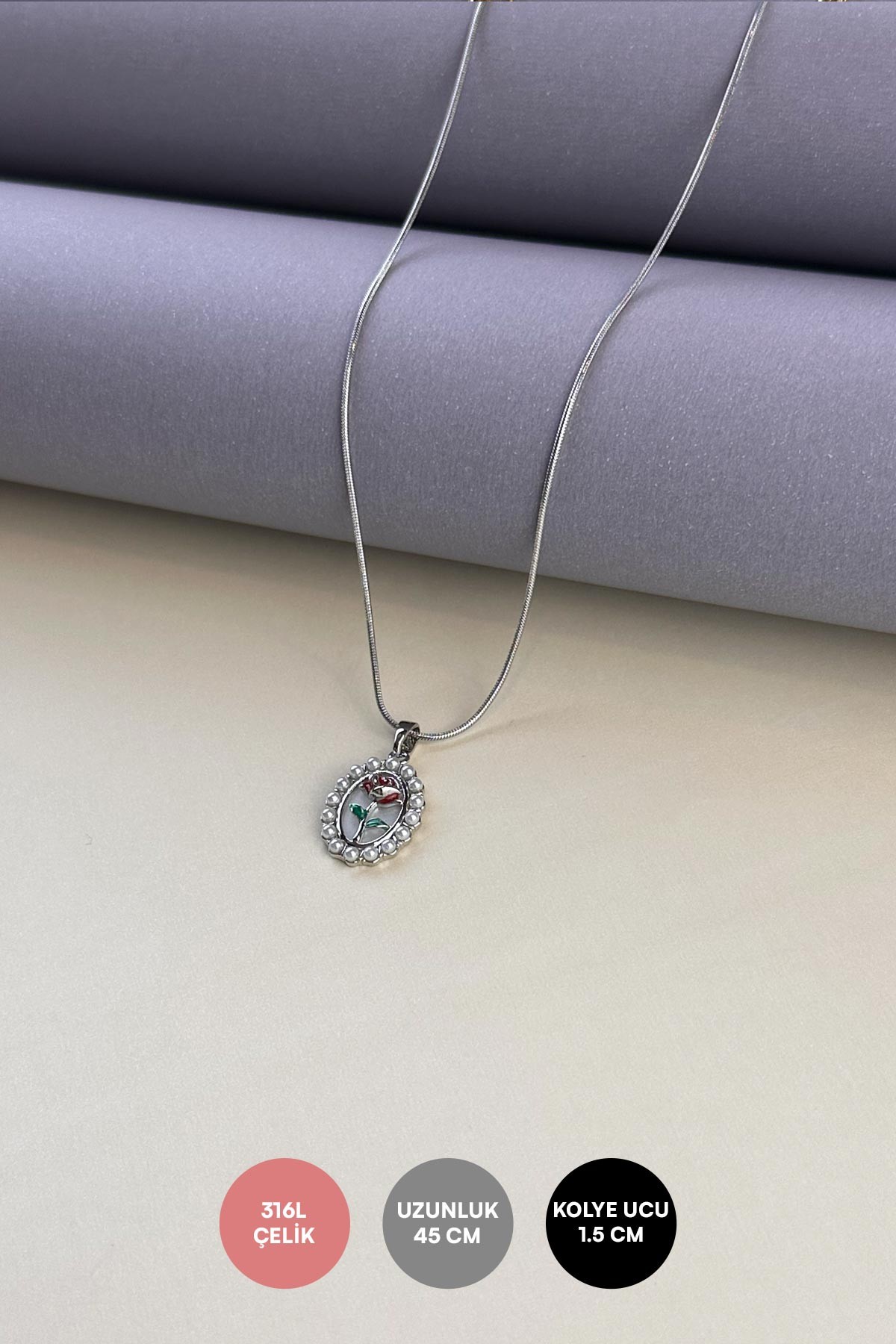 Silver Minimal Boru Zincir Oval İnci Çerçeveli Gül Tasarım Çelik Kolye 45 cm AKL3919