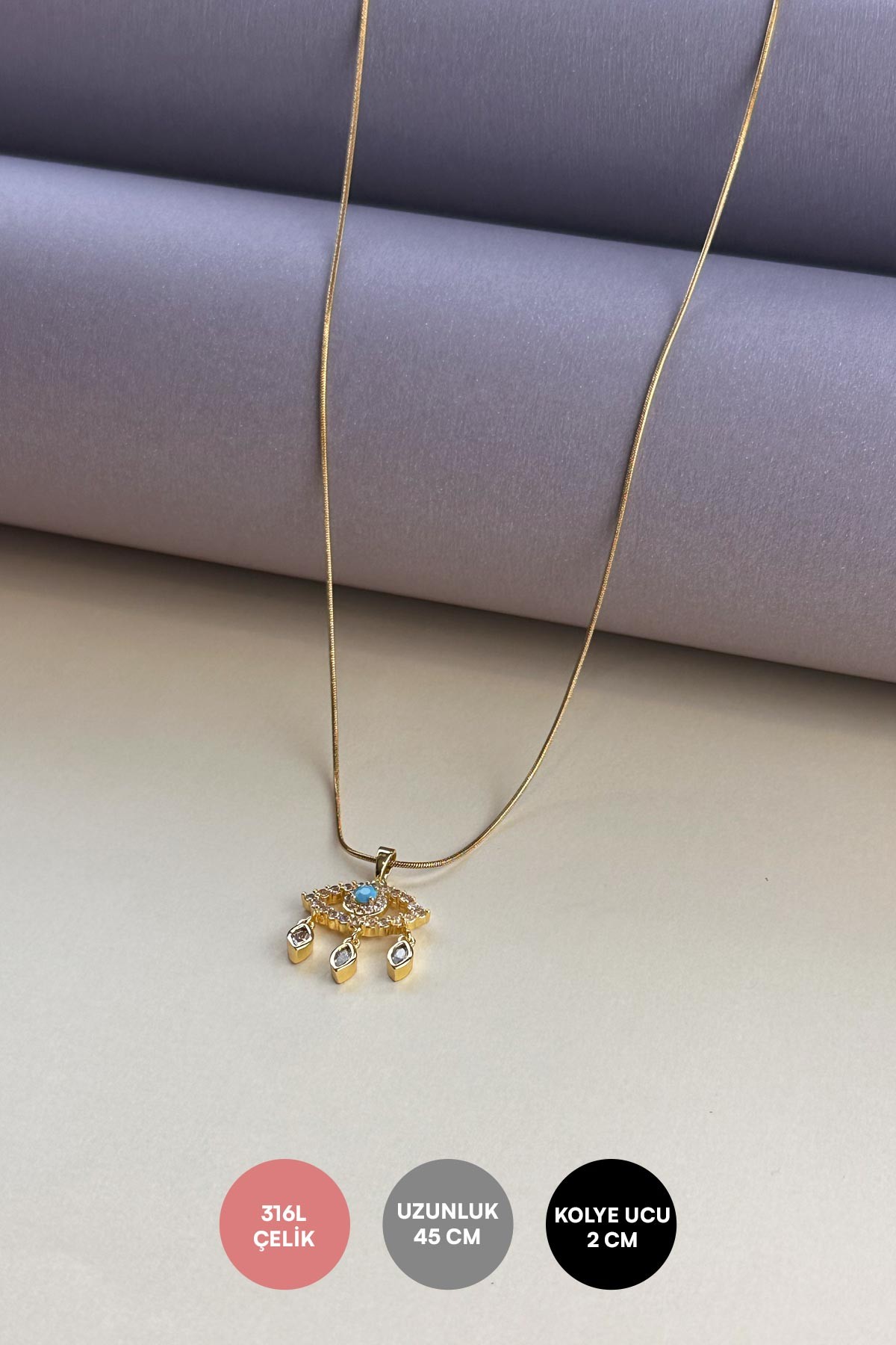 Gold Boru Zincir Zirkon Detay Göz Sallantılı Çelik Kolye AKL3988