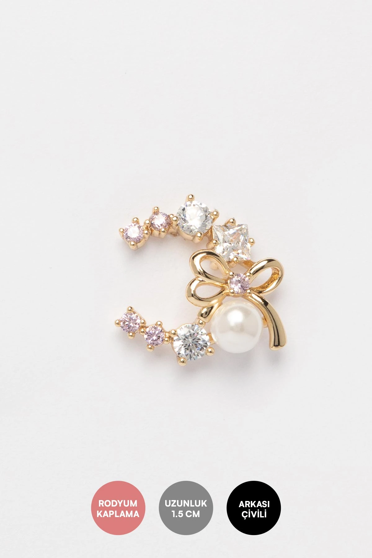 Gold Pembe Ve Beyaz Kristal Taşlı Kurdelada İnci Tasarım Ay Figürü Luxury Küpe AKE9552