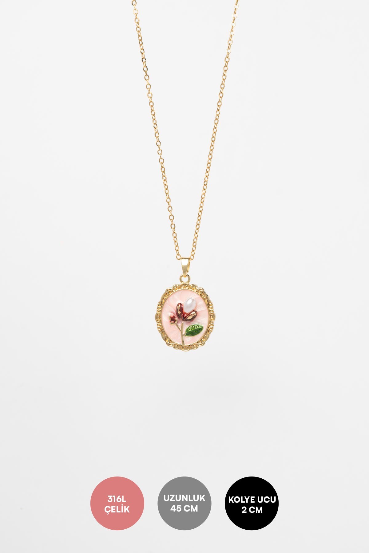 Gold Minimal Zincir Pembe Mineli İncili Çiçek Antika Çerçeve Tasarım Madalyon Çelik Kolye AKL4032