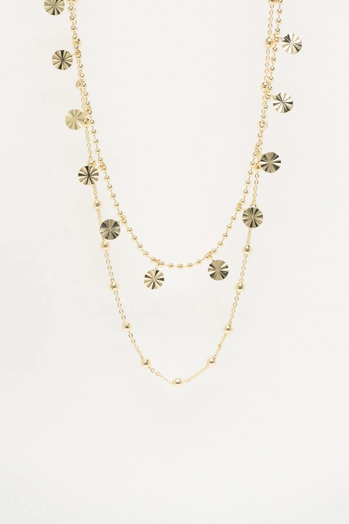 Gold 14K Çift Zincir Lazer Kesim Yuvarlak Plakalar Ve Topçuk Sıralı Luxury Kolye AKL4401