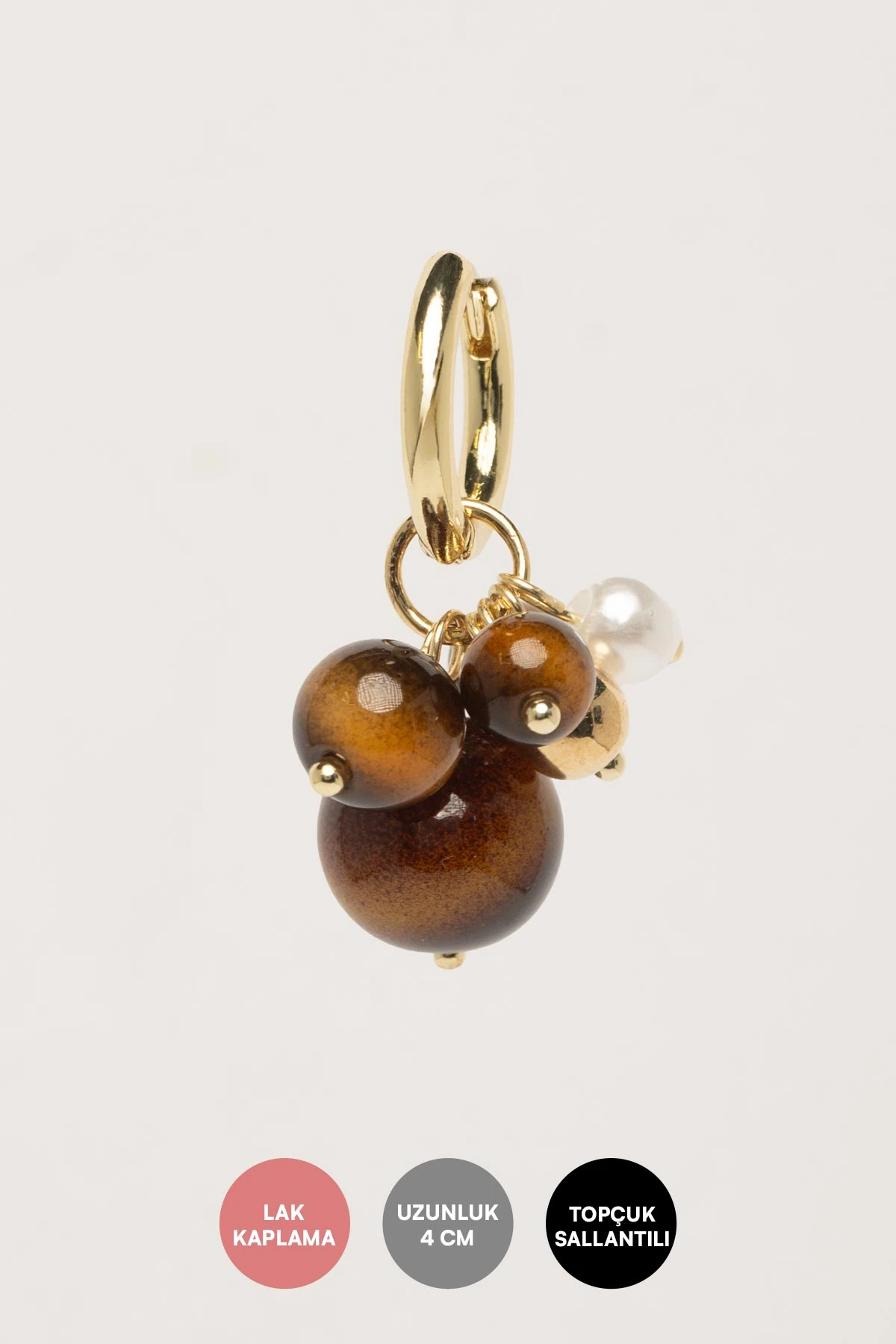 Gold Halka Kahverengi Ve İnci Top Sallantılı Stefany Küpe AKE9580