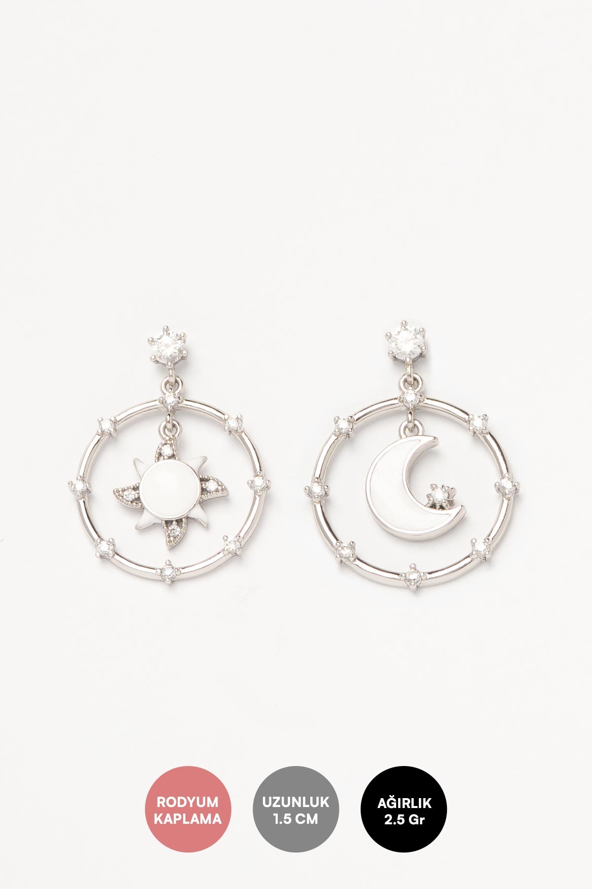 Silver Minimal Taş Detay Beyaz Mineli Ay Ve Güneş Sallantılı Luxury Küpe AKE9399