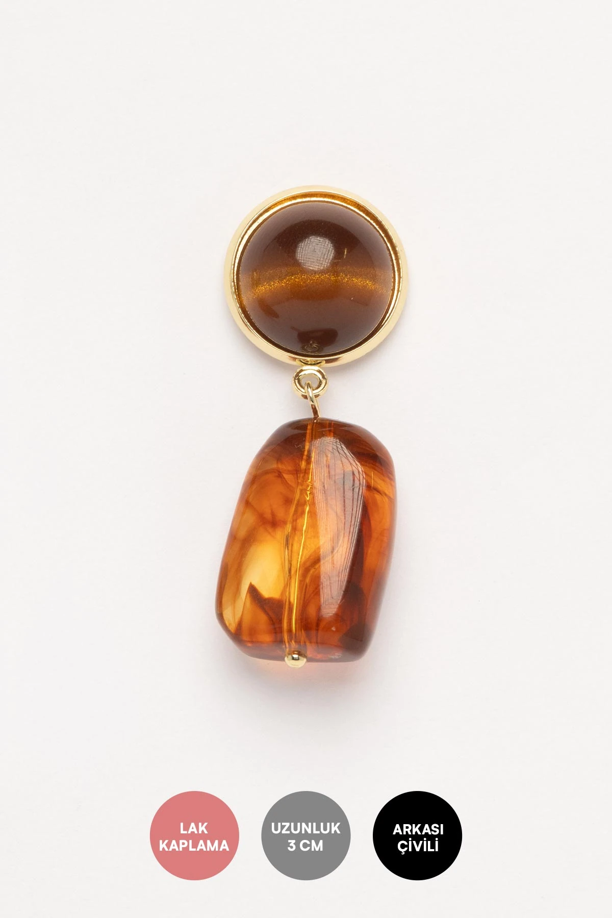 Gold Kenarlı Kahverengi Taş Sallantılı Stefany Küpe AKE9792