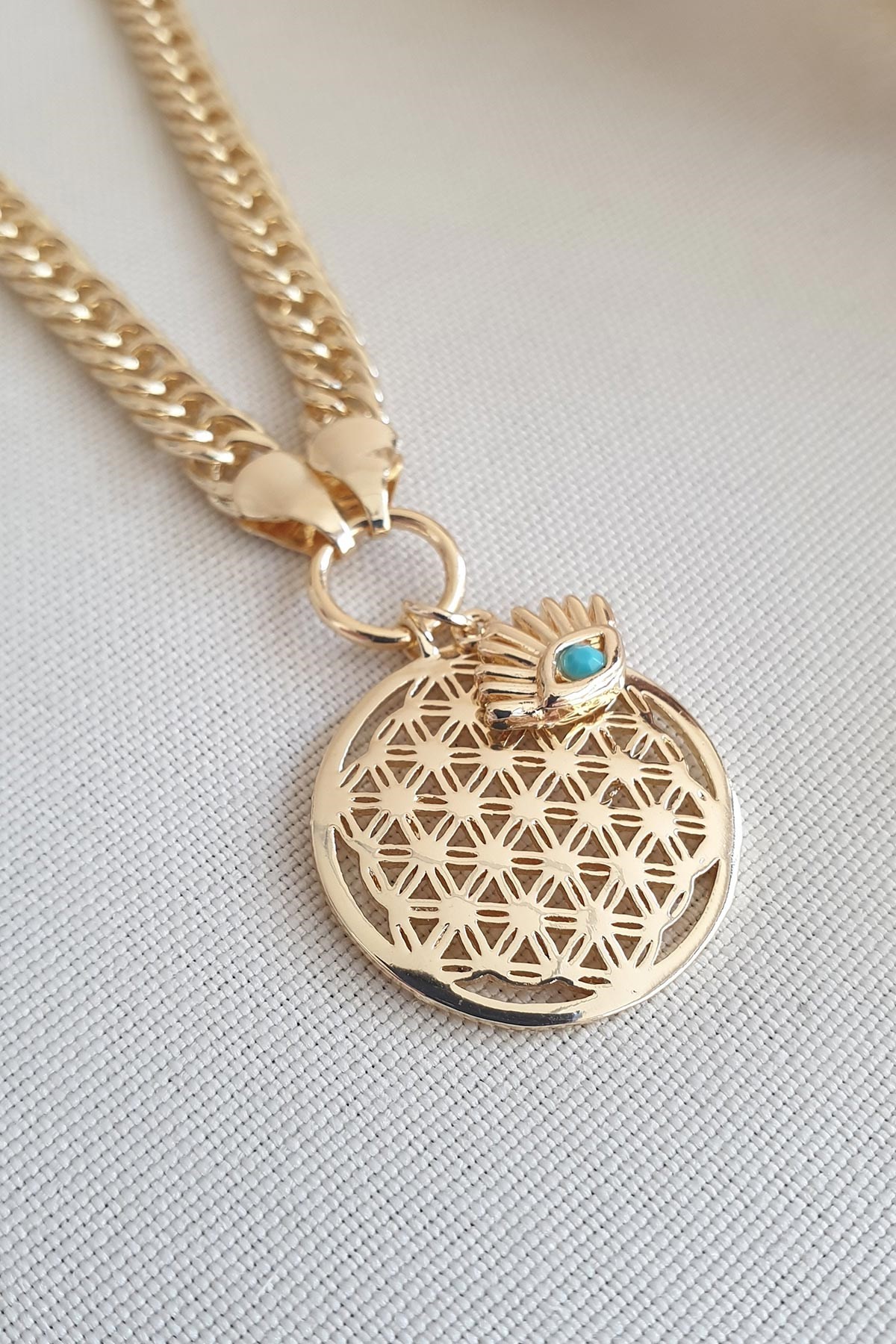 Göz Detaylı Gold Yaşam Çiçeği Kolye 50 Cm AKL1206