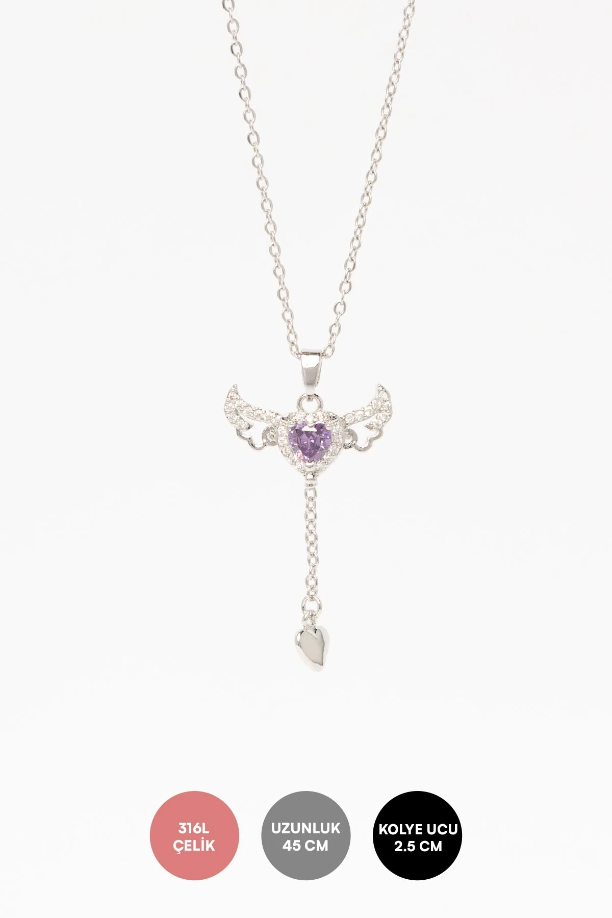 Silver Zirkon Kanatlı Mor Kristal Kalp Sallantılı 45cm Çelik Kolye AKL4357