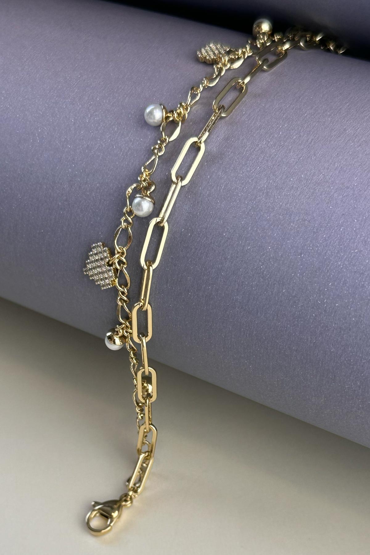 Gold Zirkon Kalp Ve İnci Topçuk Sallantılı Çift Zincir Tasarım Luxury Bileklik ABL7162