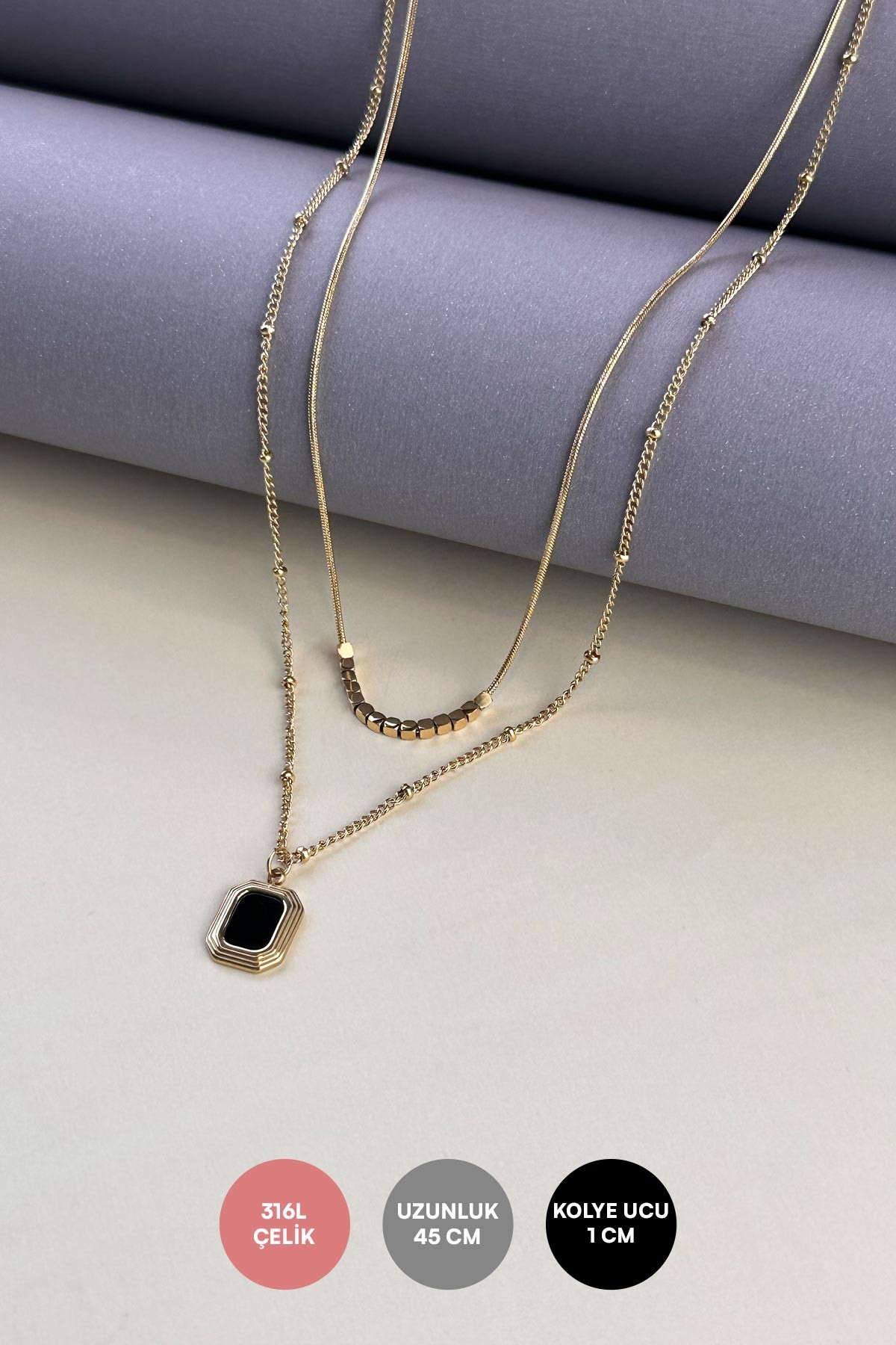 Minimal Gold Küpçük Detay Çift Zincir Siyah Mineli Madalyon Çelik Kolye 45 Cm AKL3734