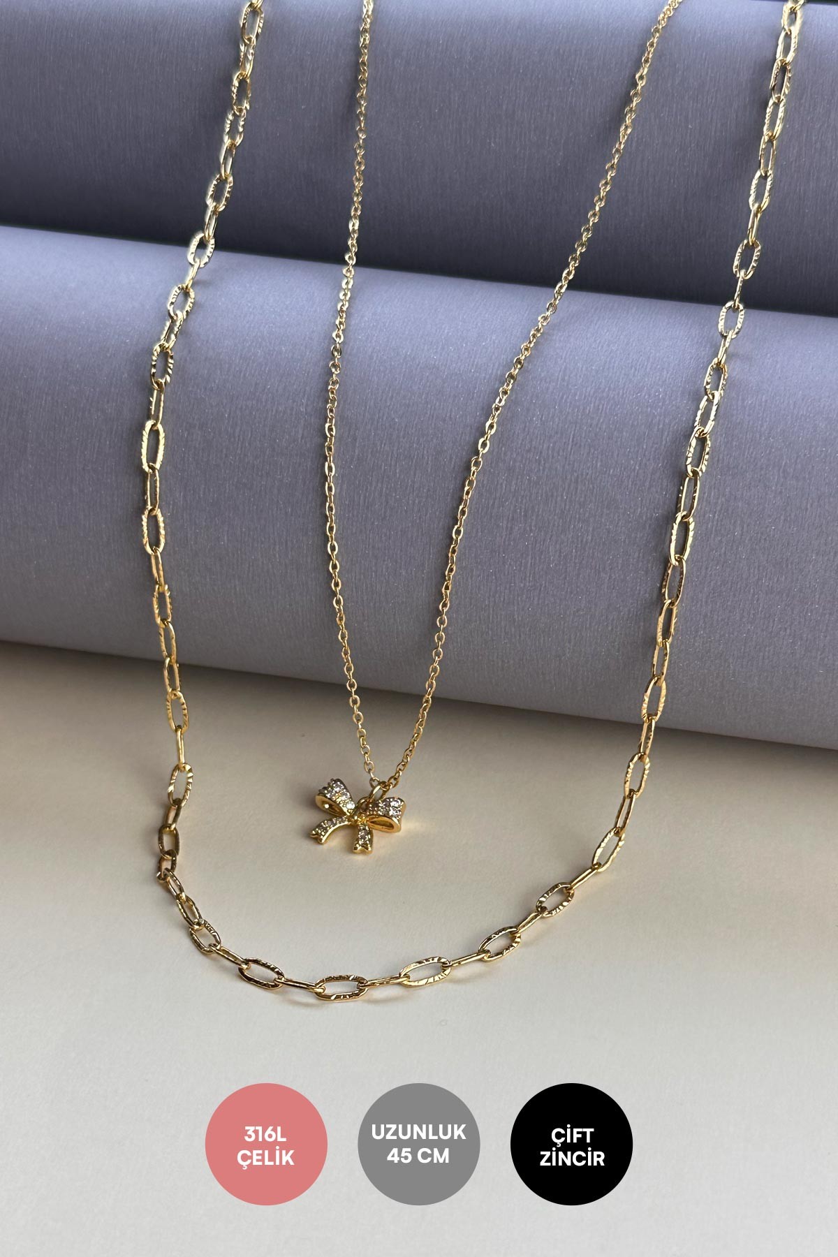Gold Çift Zincir Ataç Tasarım Zirkon Detay Fiyonk Sallantılı 45cm Çelik Kolye AKL4018