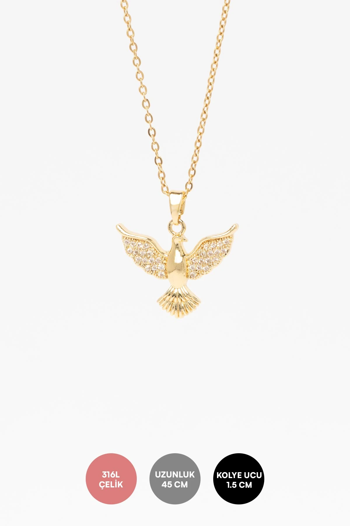 Gold Kanatları Zirkon Detay Kuş Sallantılı 45cm Çelik Kolye AKL4306