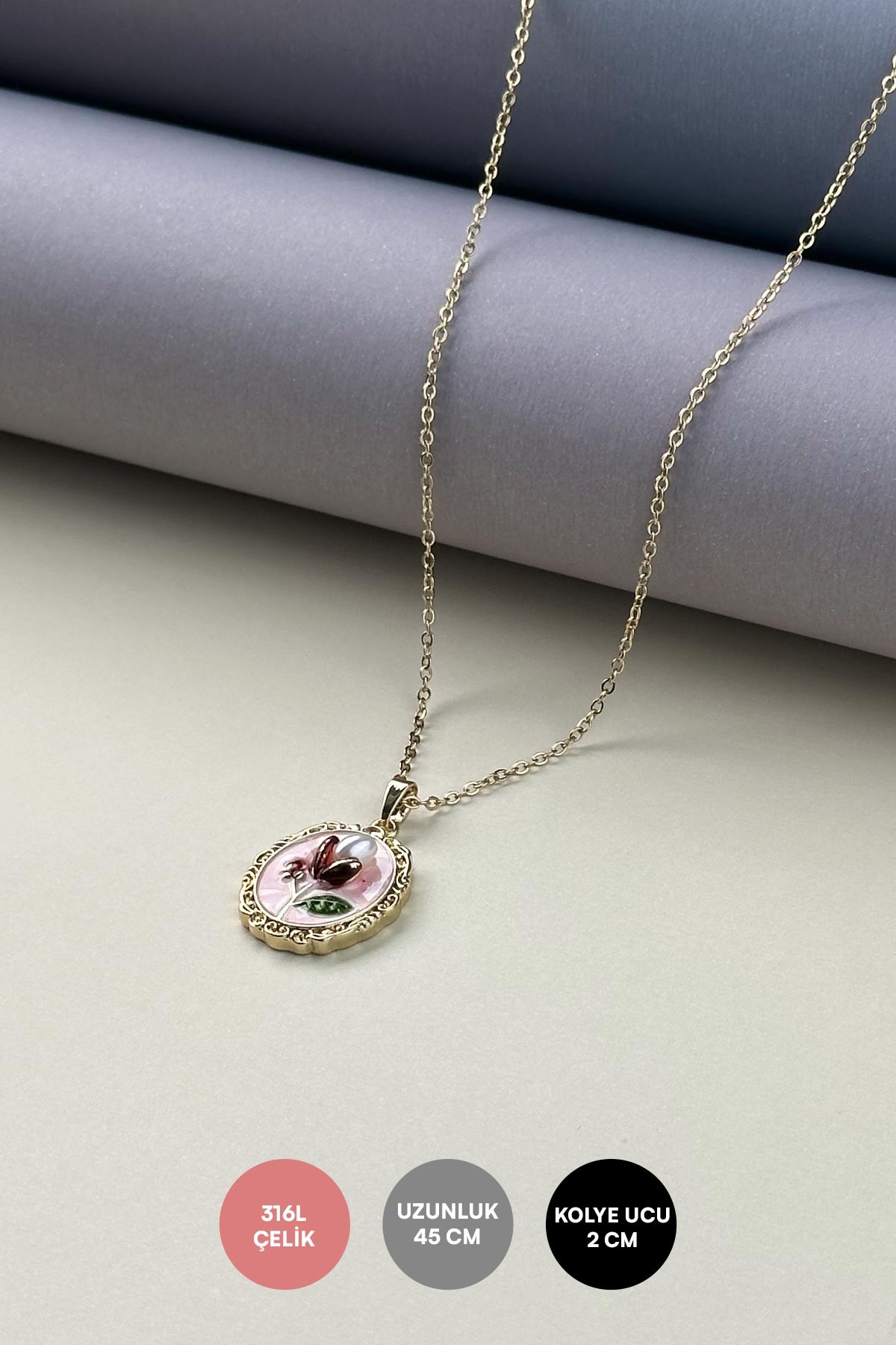 Gold Minimal Zincir Pembe Mineli İncili Çiçek Antika Çerçeve Tasarım Madalyon Çelik Kolye AKL4032