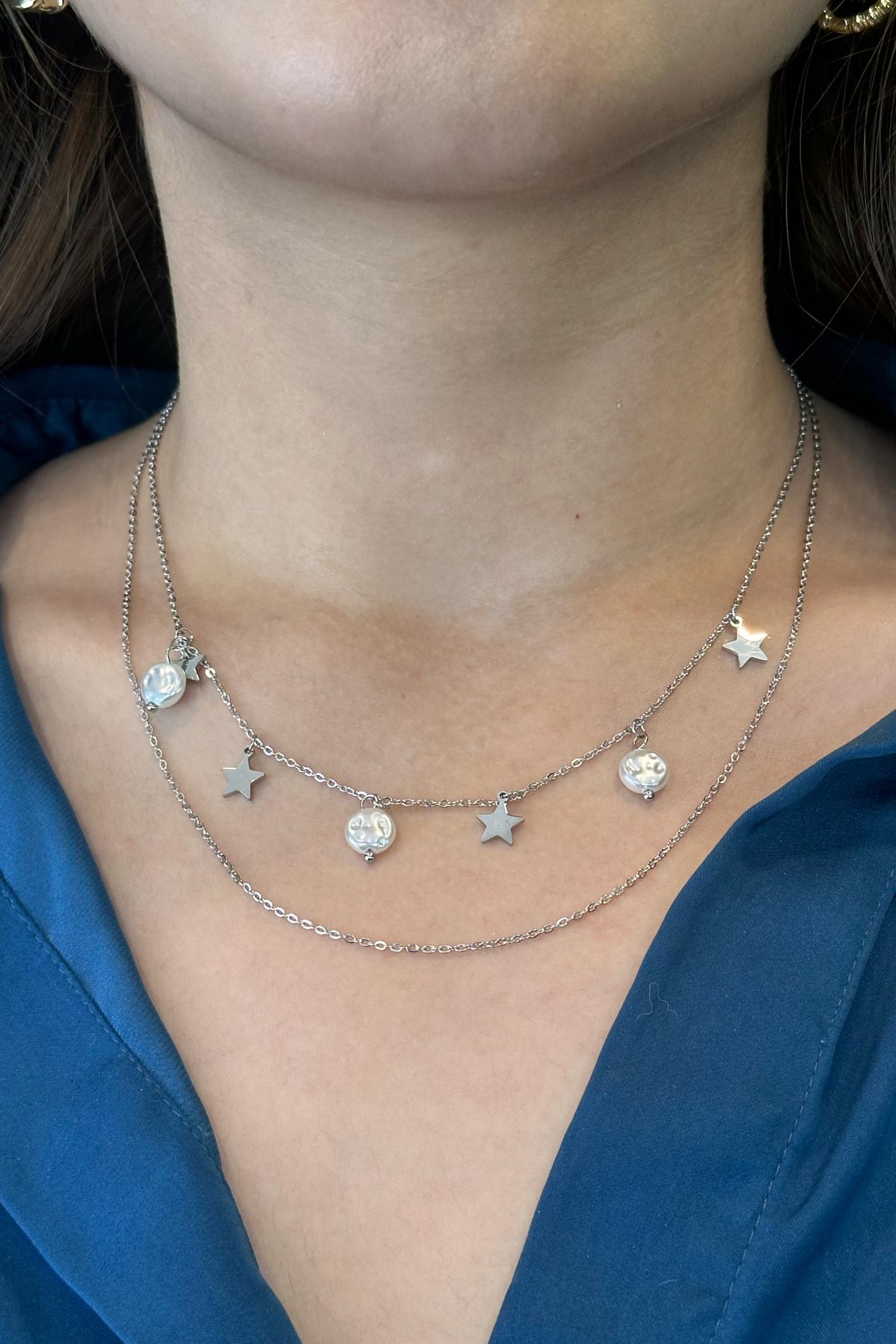 Silver Minimal Çift Zincir Yıldız Ve Ezme İnci Detay Çelik Kolye 45 cm AKL3778