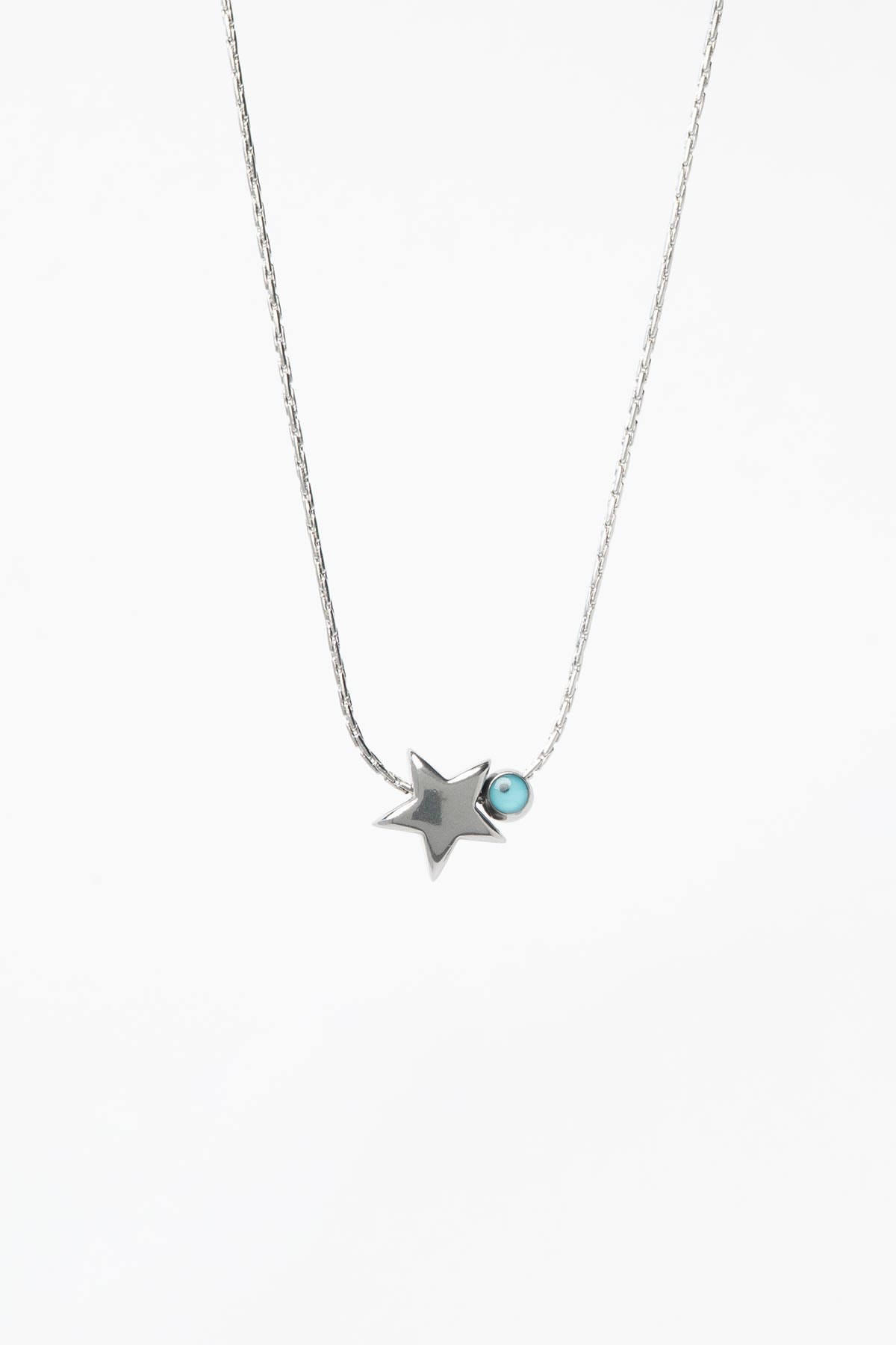 Silver Dolgulu Yıldız Ve Nazarlık Sallantılı 45cm Çelik Kolye AKL4190