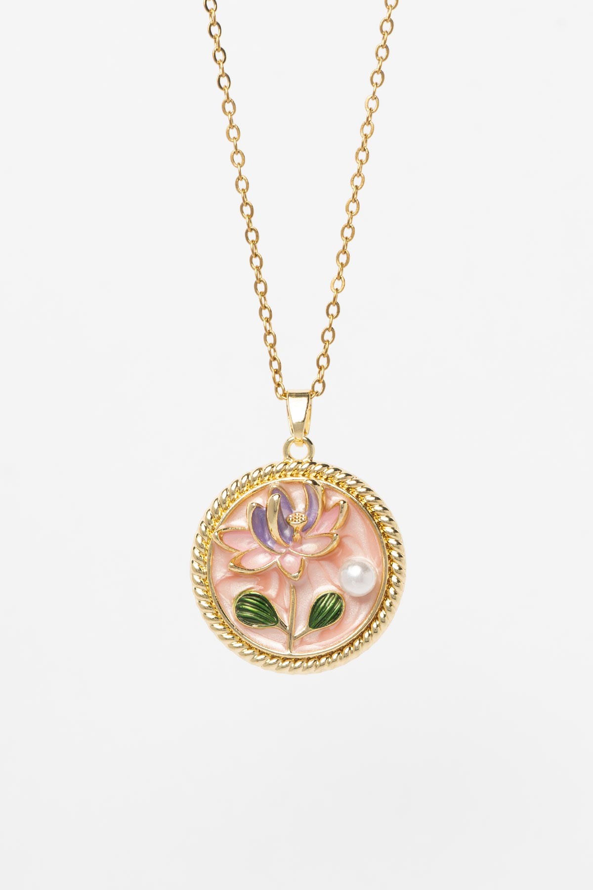 Gold Minimal Zincir Pembe Mineli İnci Detay Çiçek Figürlü Yuvarlak Desenli Çerçeve Tasarım Madalyon Çelik Kolye AKL4039