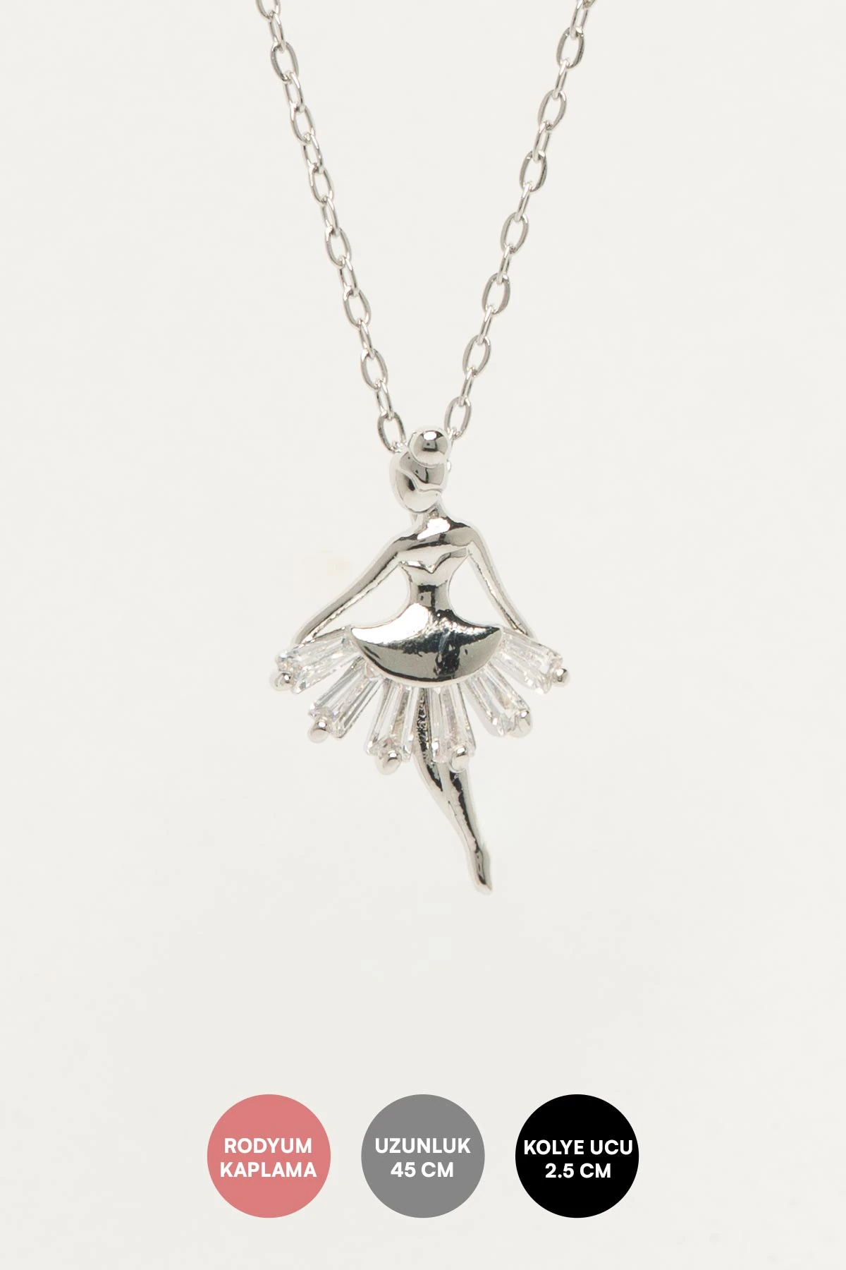 Silver Minimal Zincie Kristal Taş Etekli Minimal Balerin Sallantılı 45cm Luxury Kolye AKL4429