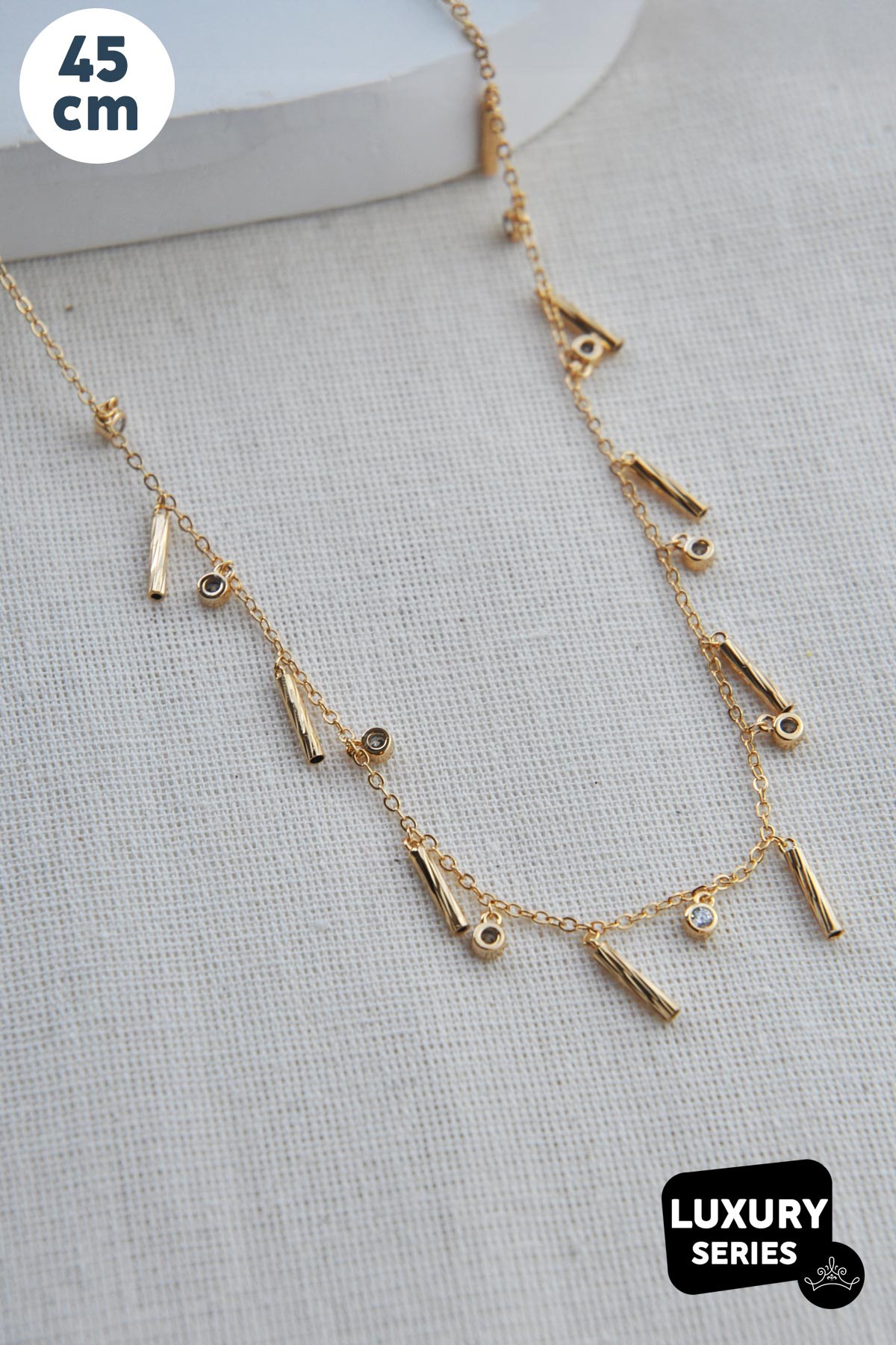 Minimal Kristal Taş Ve Gold Boru Boncuk Sallantılı Luxury Kolye AKL3806