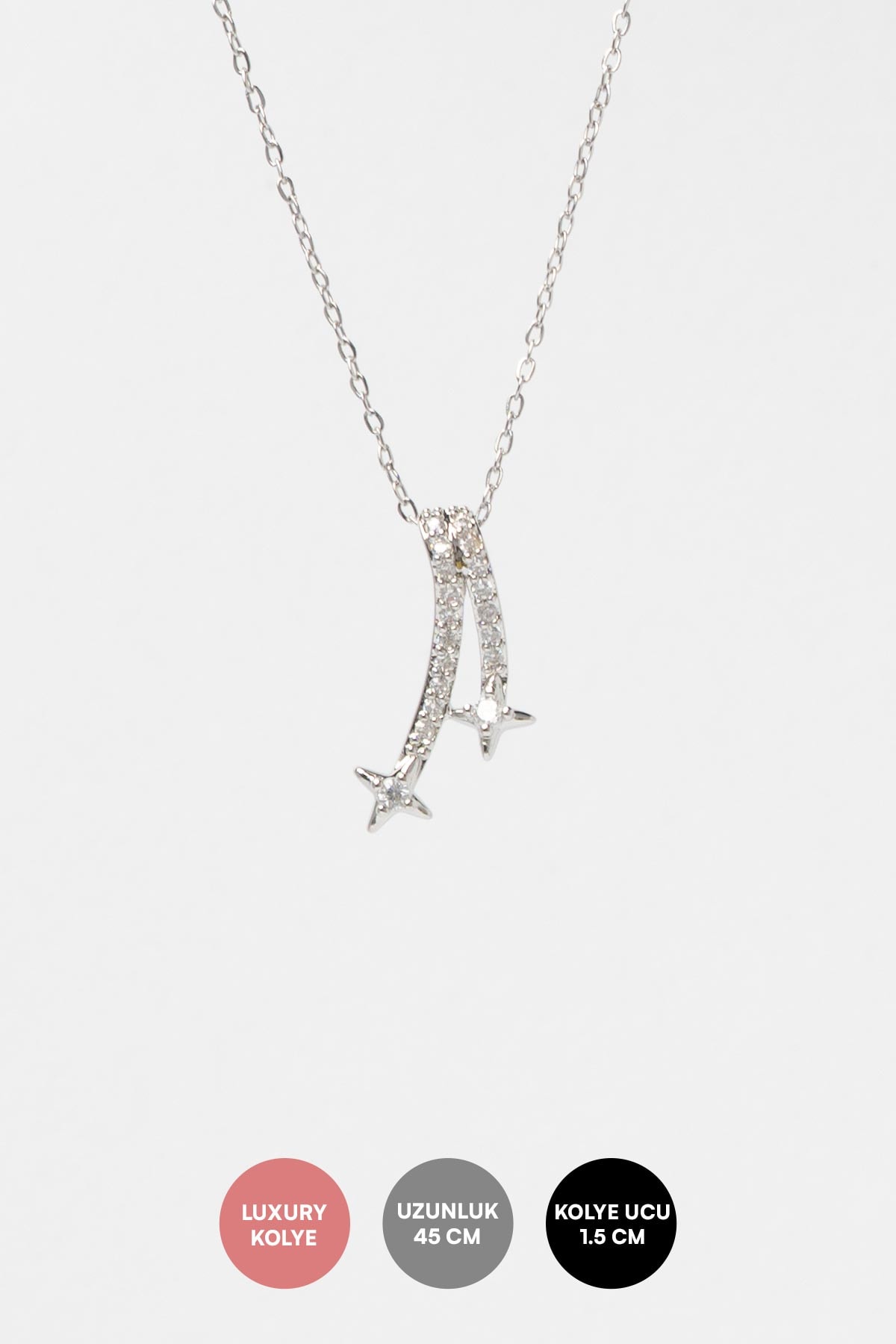 Silver Zirkon Kaplı İkili Minimal Kuyruklu Yıldız Sallantılı Luxury Kolye AKL4222