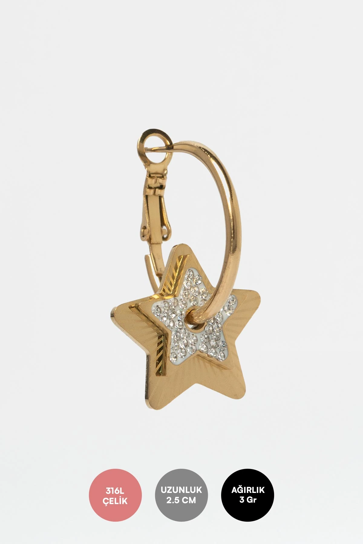 Gold Büyük Halka Tasarım Zirkon Ve Lazer Çizgili Yıldızlar Çelik Küpe AKE8308