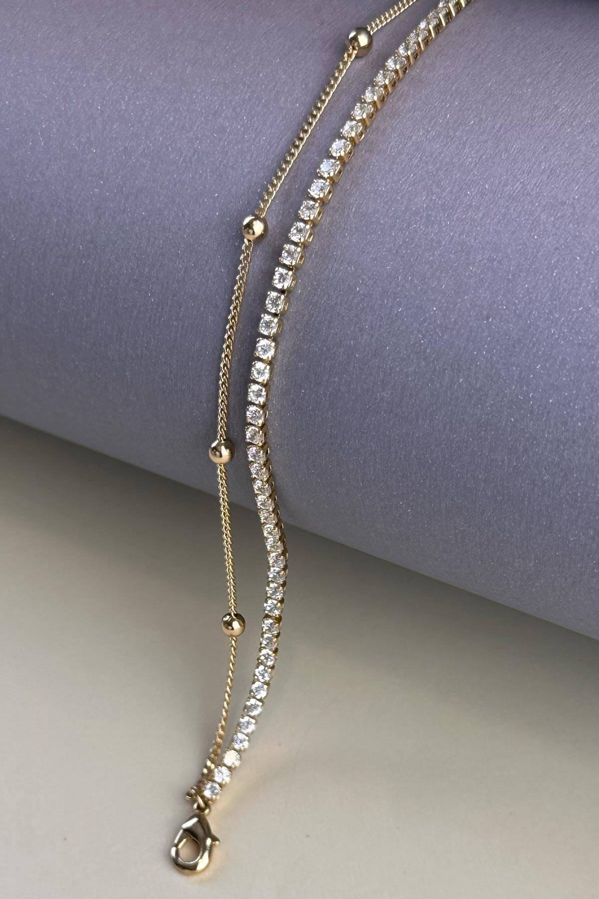 Gold Topçuk Detay Çift Zincir Tasarım Suyolu Luxury Bileklik ABL7156