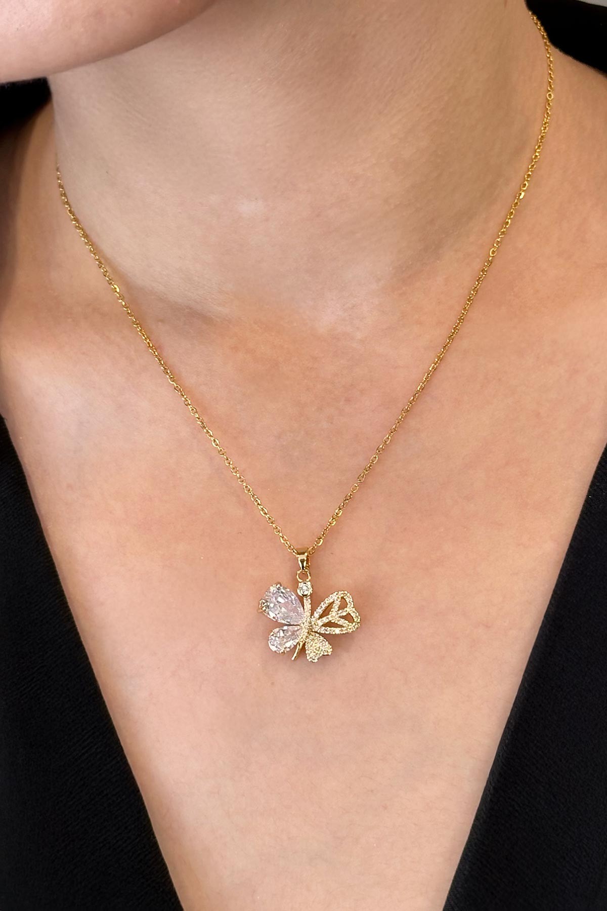 Gold Minimal Zincir Kristal Ve Zirkon Kanatlı Kelebek Çelik Kolye 45 Cm AKL3517