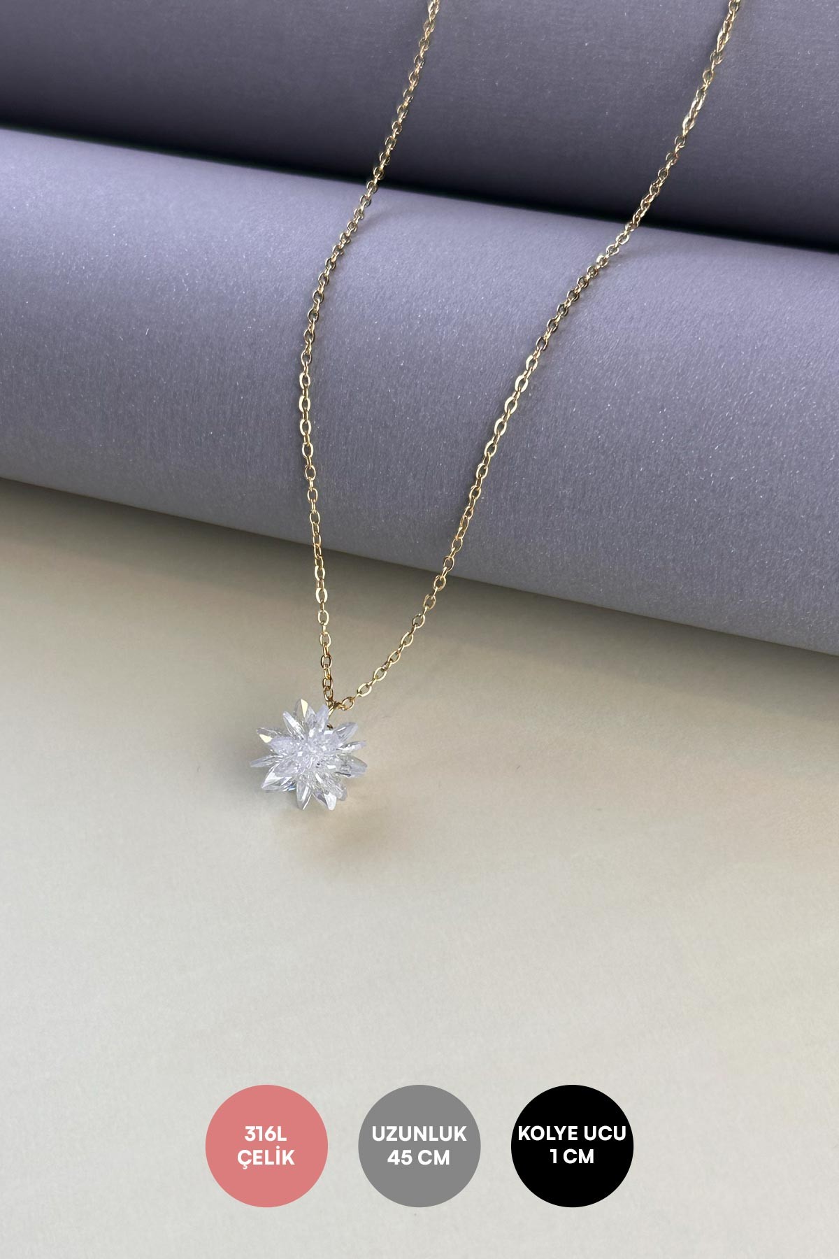 Gold Minimal Zincir Kristal Snowflake Çelik Kolye 45 Cm AKL3055
