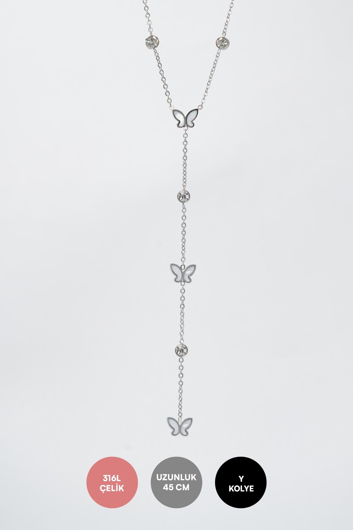 Silver Minimal Zincir Y Tasarım Tektaş Ve Sedef Detay Kelebek Sıralı 45cm Çelik Kolye AKL4179