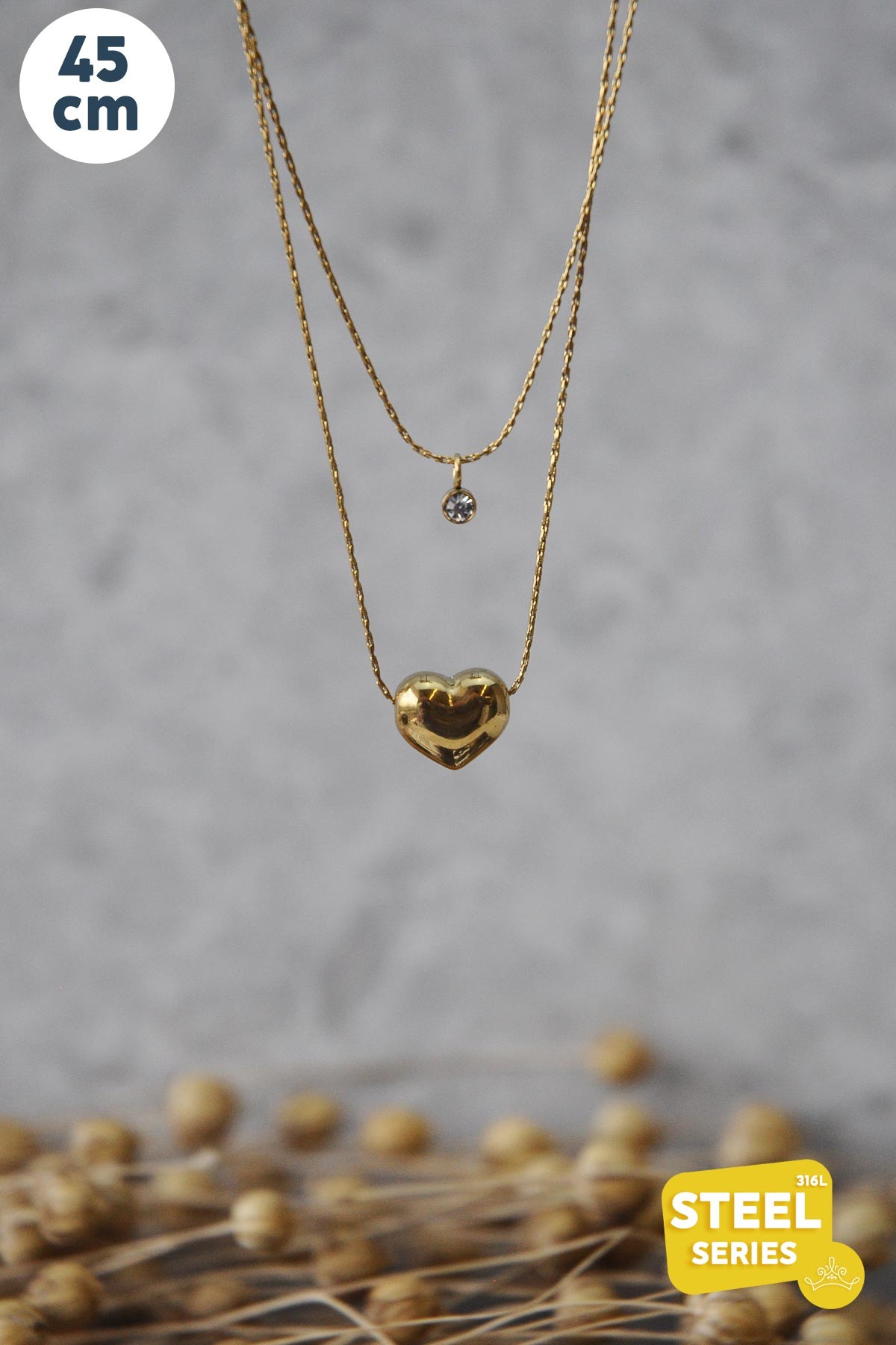 Gold Minimal Çift Zincir Kalp Ve Tektaş Sallantılı 45cm Çelik Kolye AKL2649